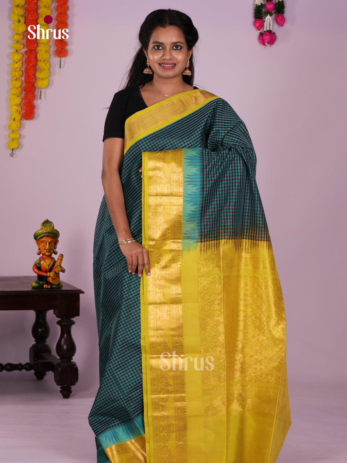 Buy Classic Teal & Black Checkered Silk Cotton Saree With Mustard Zari Temple Border & Pallu