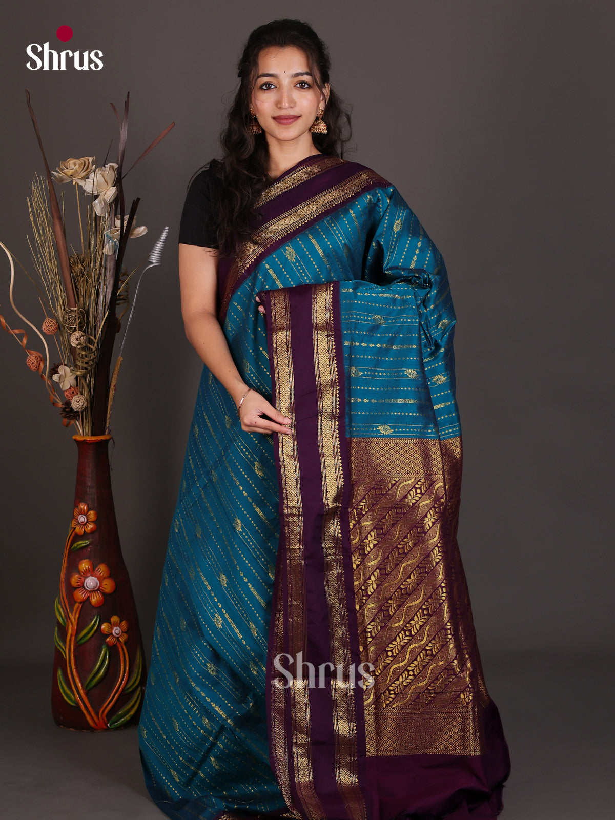 Chic Teal Blue Kalyani Cotton Saree With Golden Stripes, Buttas & Deep Wine Rettaipet Zari Border