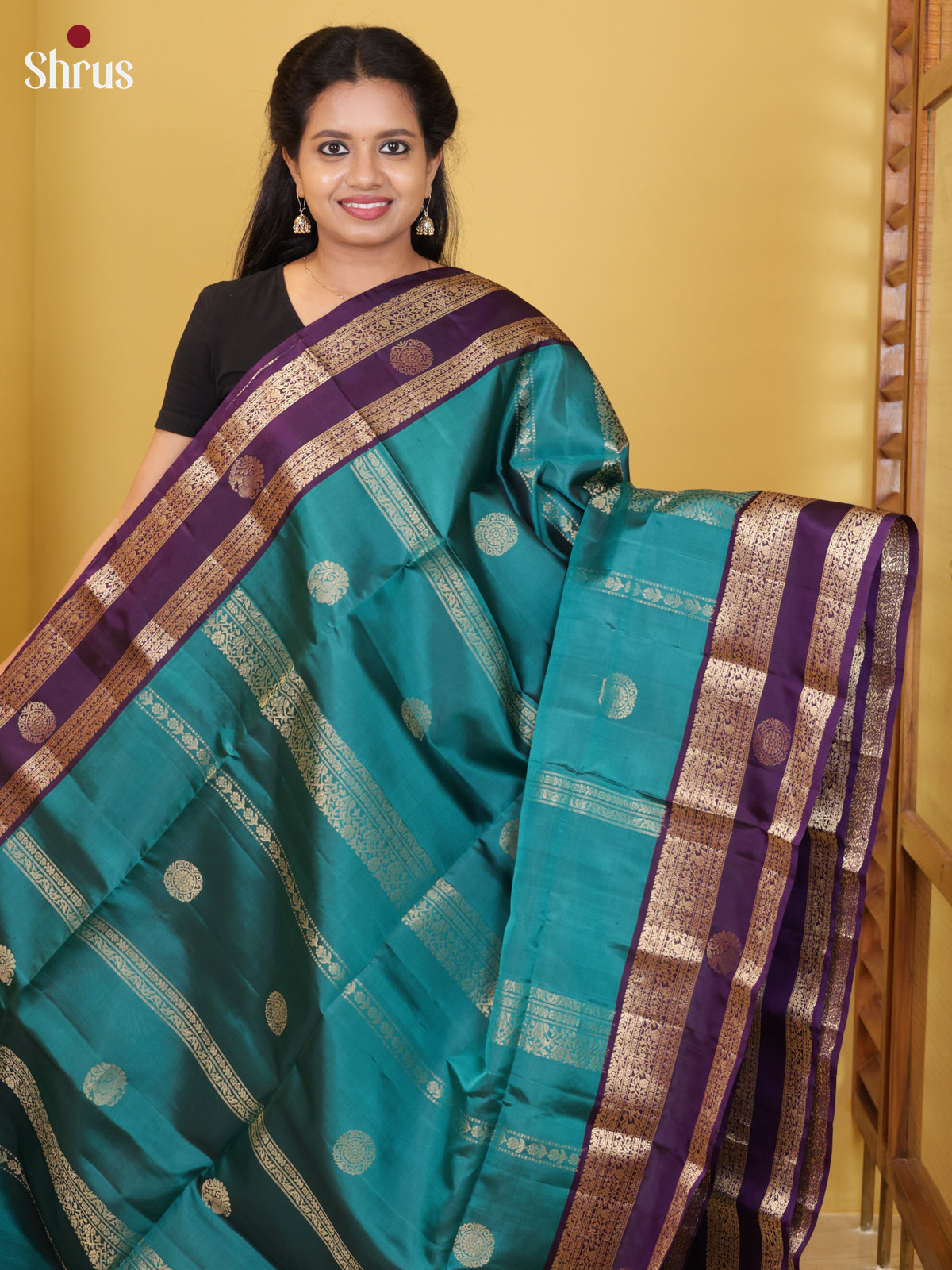 Buy Pretty Teal Blue Kanchipuram Saree With Gold Stripes, Buttas & Purple Rettaipet Border