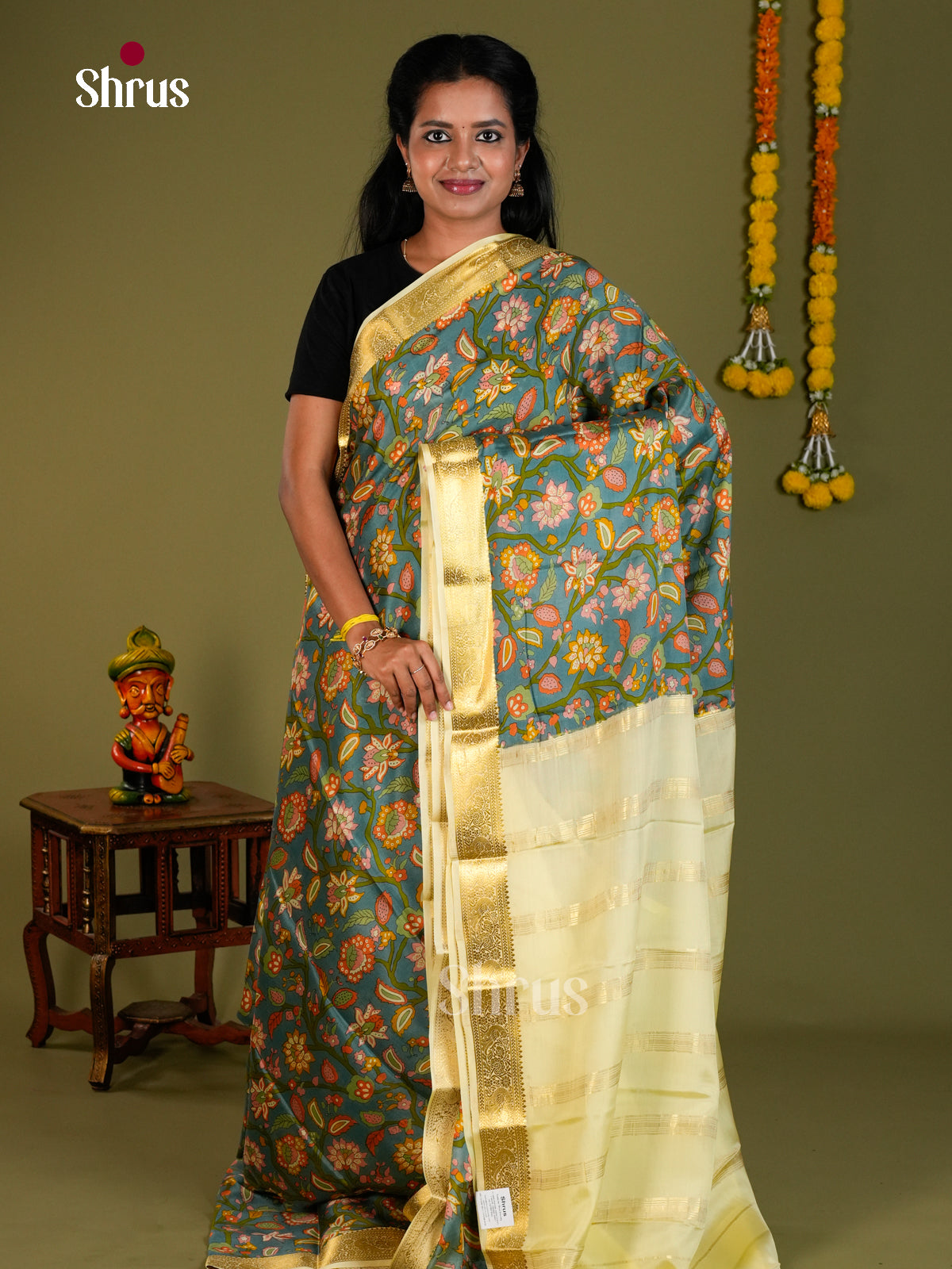 Buy Graceful Teal Blue Mysore Silk Saree Printed with Floral Vines, Cream Zari Border & Chit Pallu