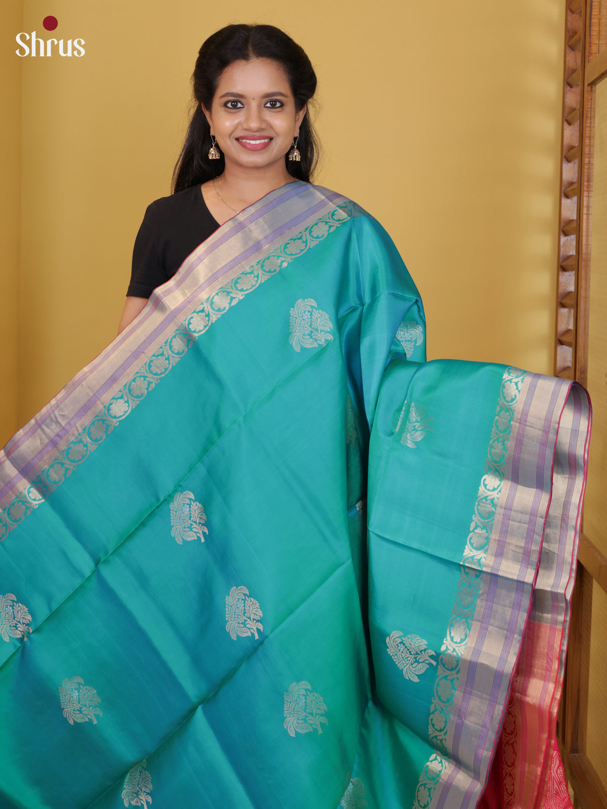 Buy Regal Teal Blue Pure Soft Silk Saree with Floral Motifs, Zari Woven Border & Pink Pallu
