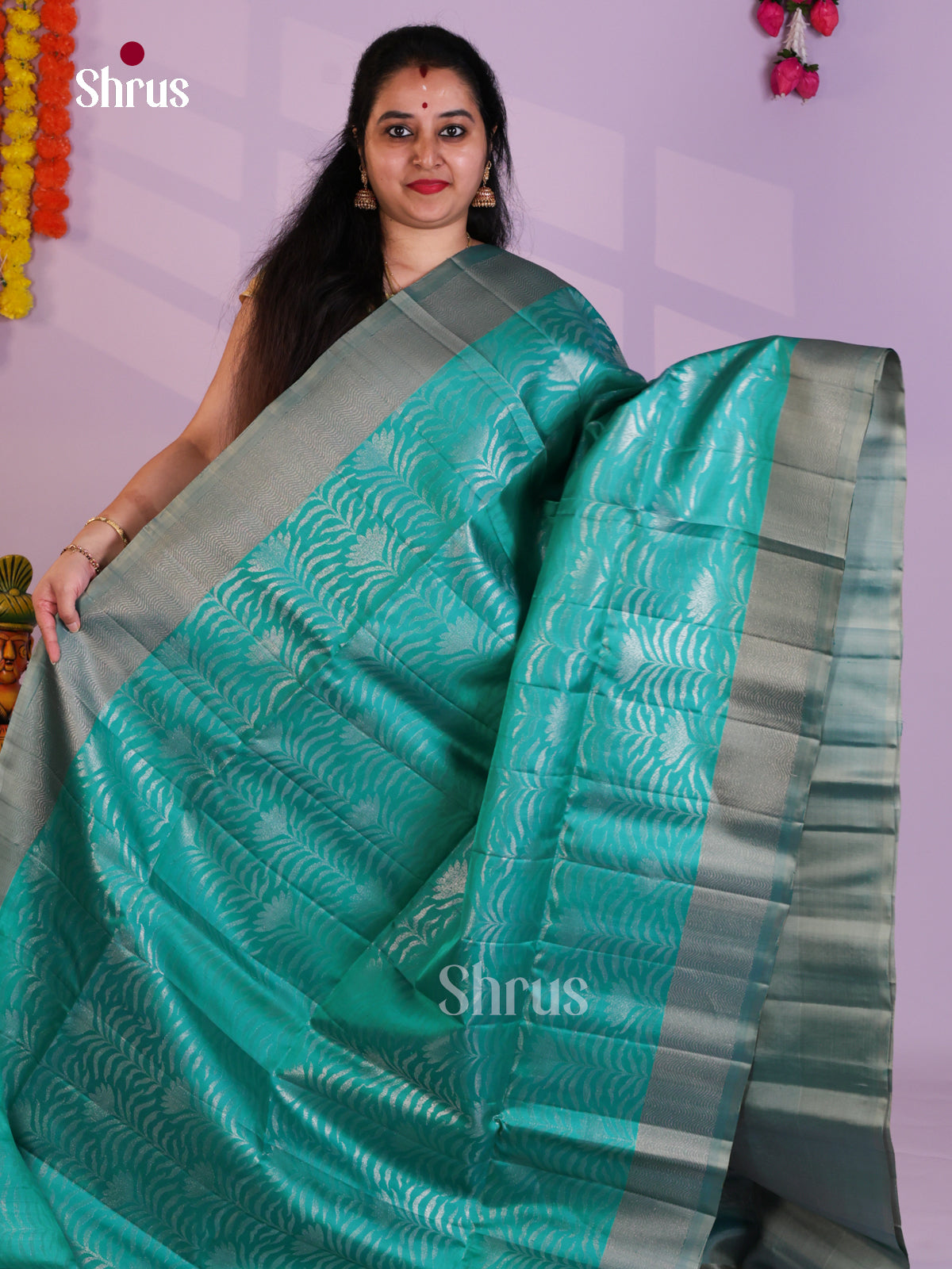 Buy Stunning Teal Blue Pure Soft Silk Saree with Zari Floral Nestling & Grey Brocade Border & Pallu