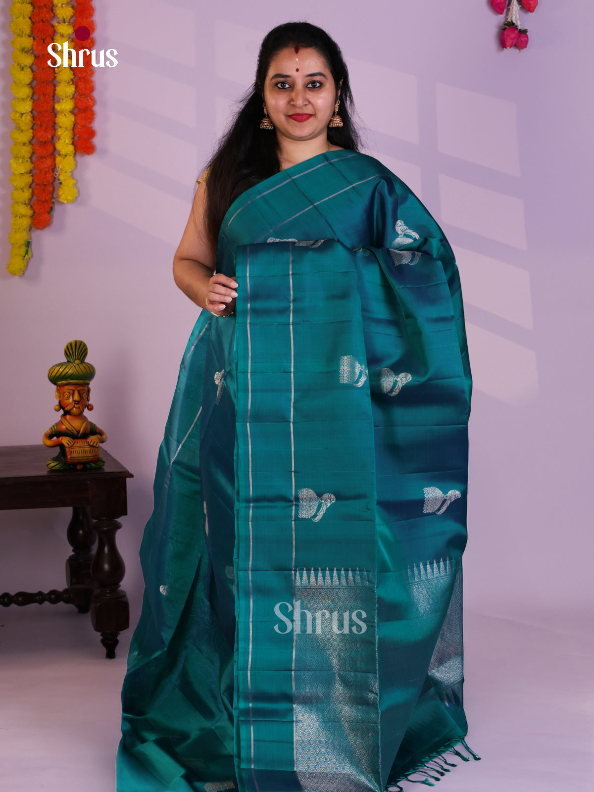 Buy Lustrous Teal Blue Soft Silk Saree With Silver Parrot Motifs, Rettaipet Border & Brocade Pallu
