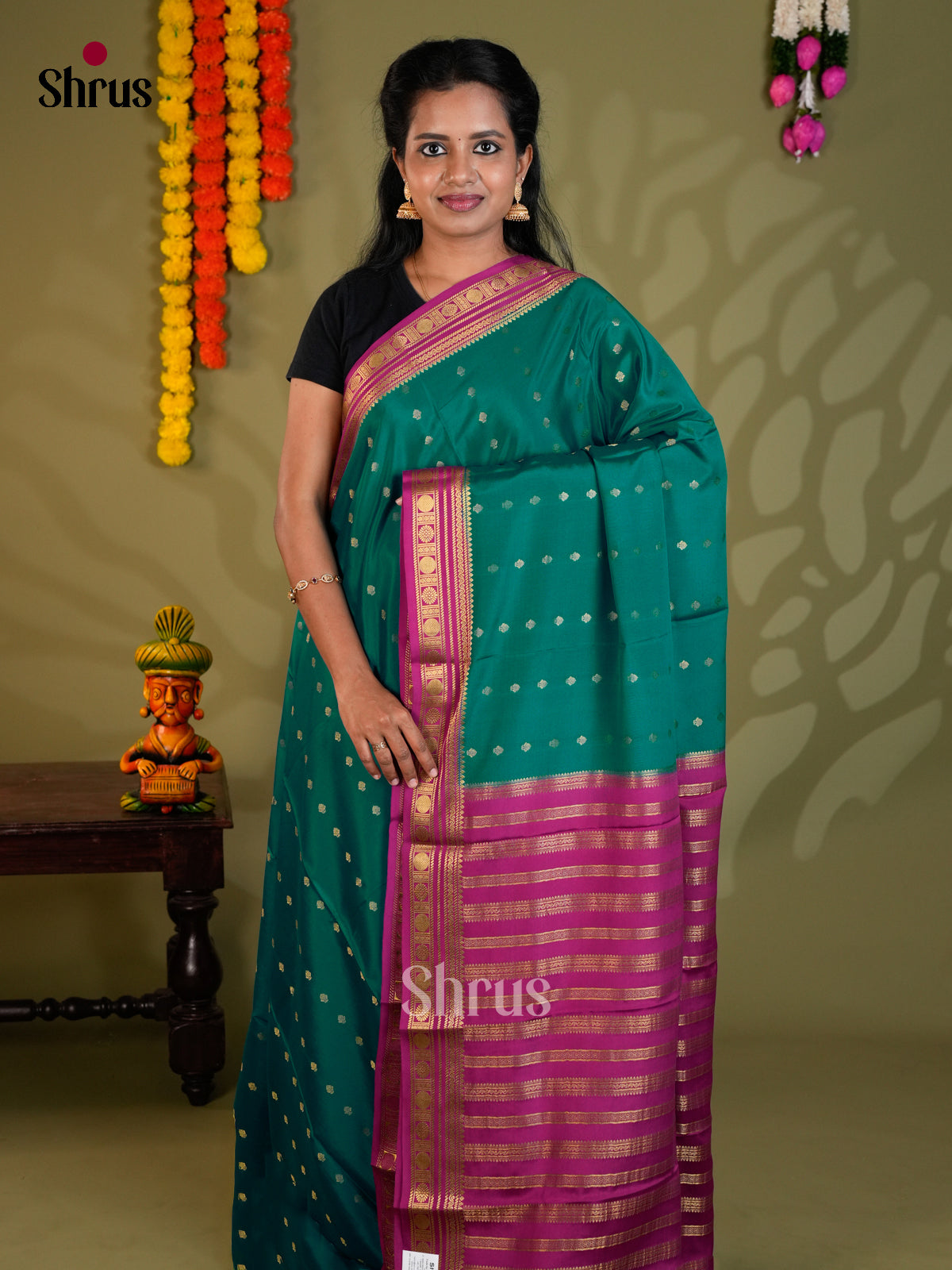 Buy Classy Teal Green Mysore Silk Saree with Gold Buttas, Magenta Zari Border & Striped Pallu
