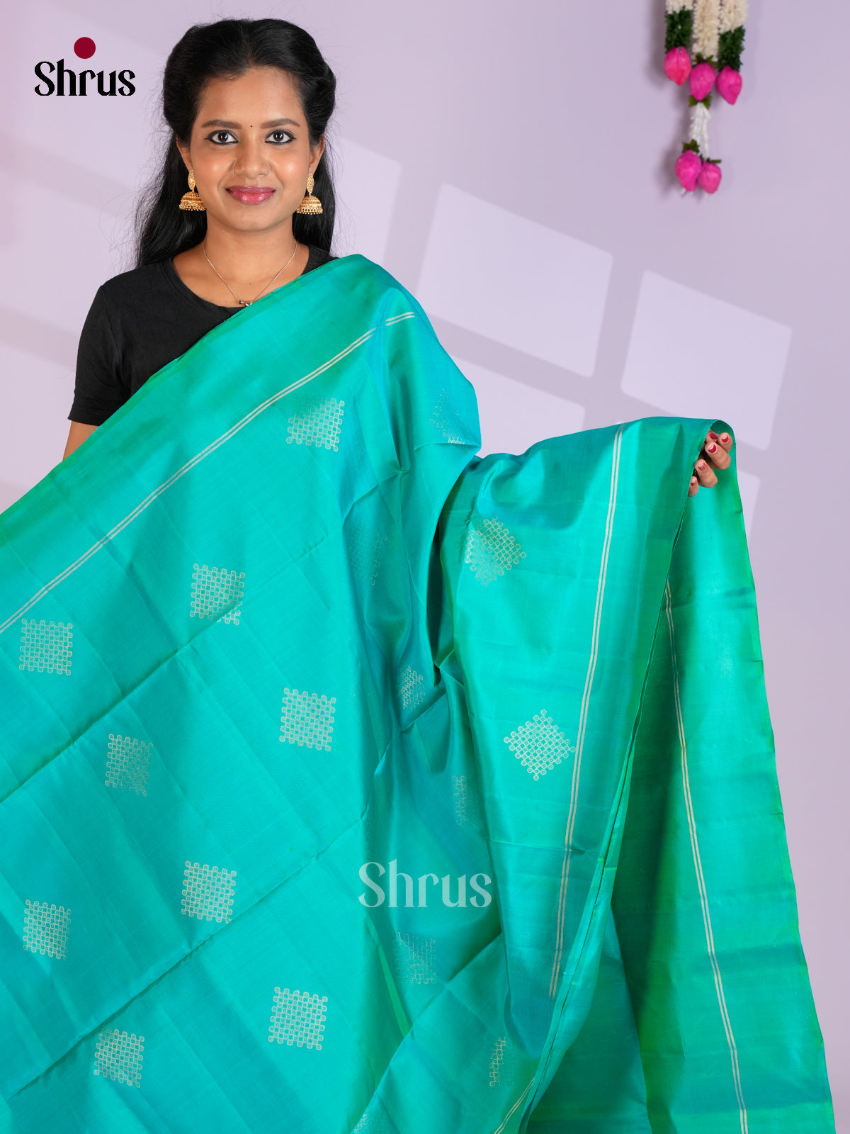Buy Pretty Teal Green Pure Soft Silk Saree with Golden Kolam Motifs & Brocade Pallu