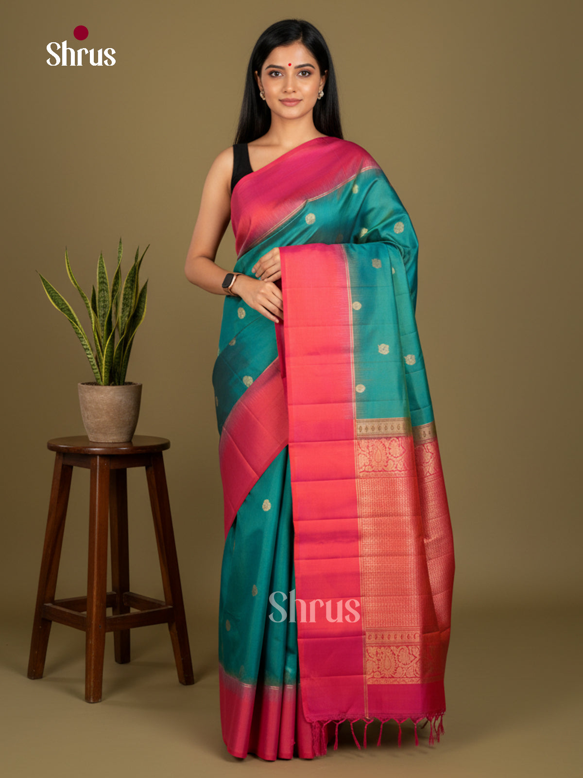 Buy Classy Teal Green Soft Silk Saree With Circular Buttas, Pink Plain Border & Brocade Pallu