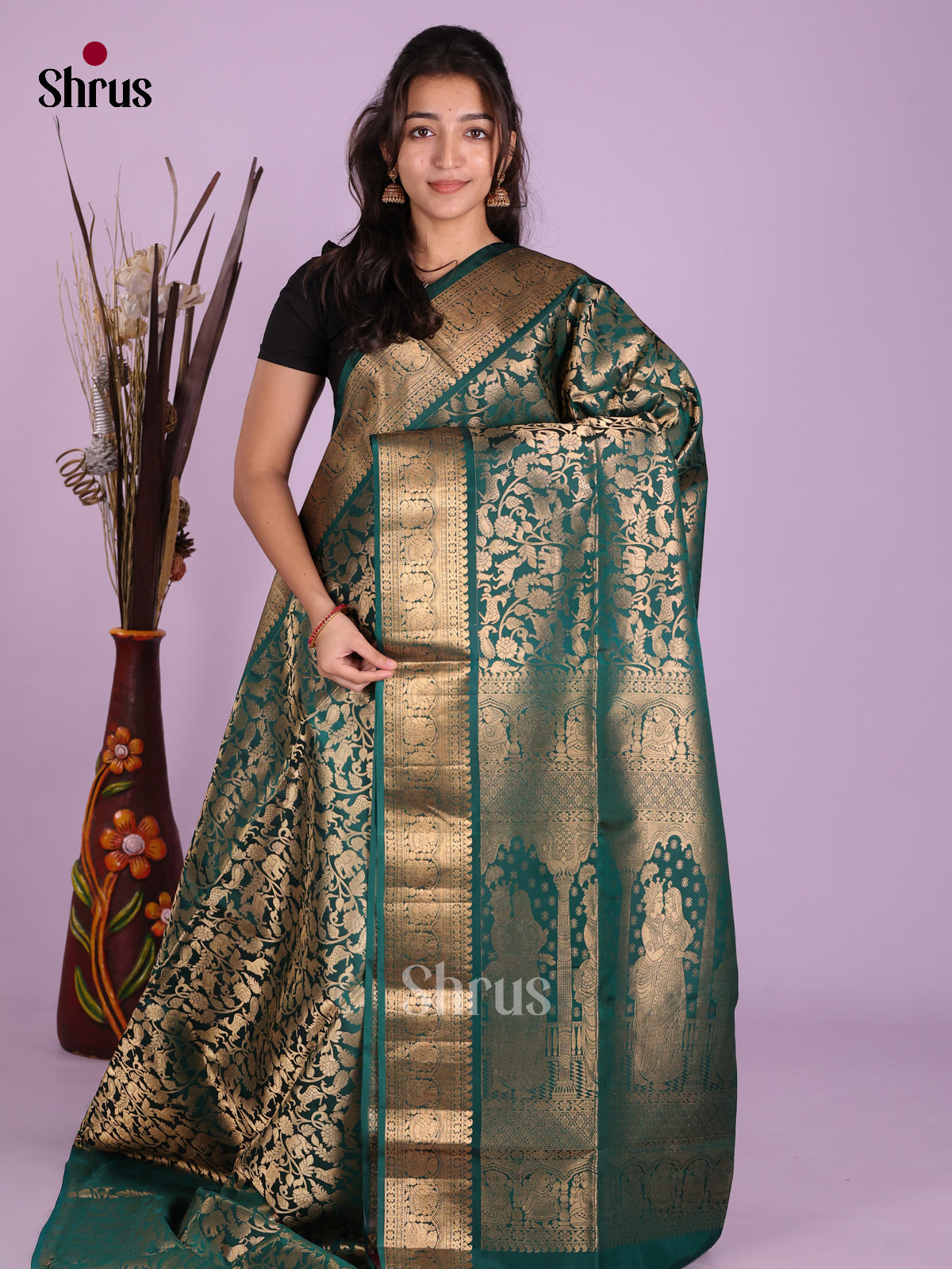 Buy Grand Teal Green Soft Silk Saree With Golden Floral Vines, Elephant Motifs, Zari Border & Pallu