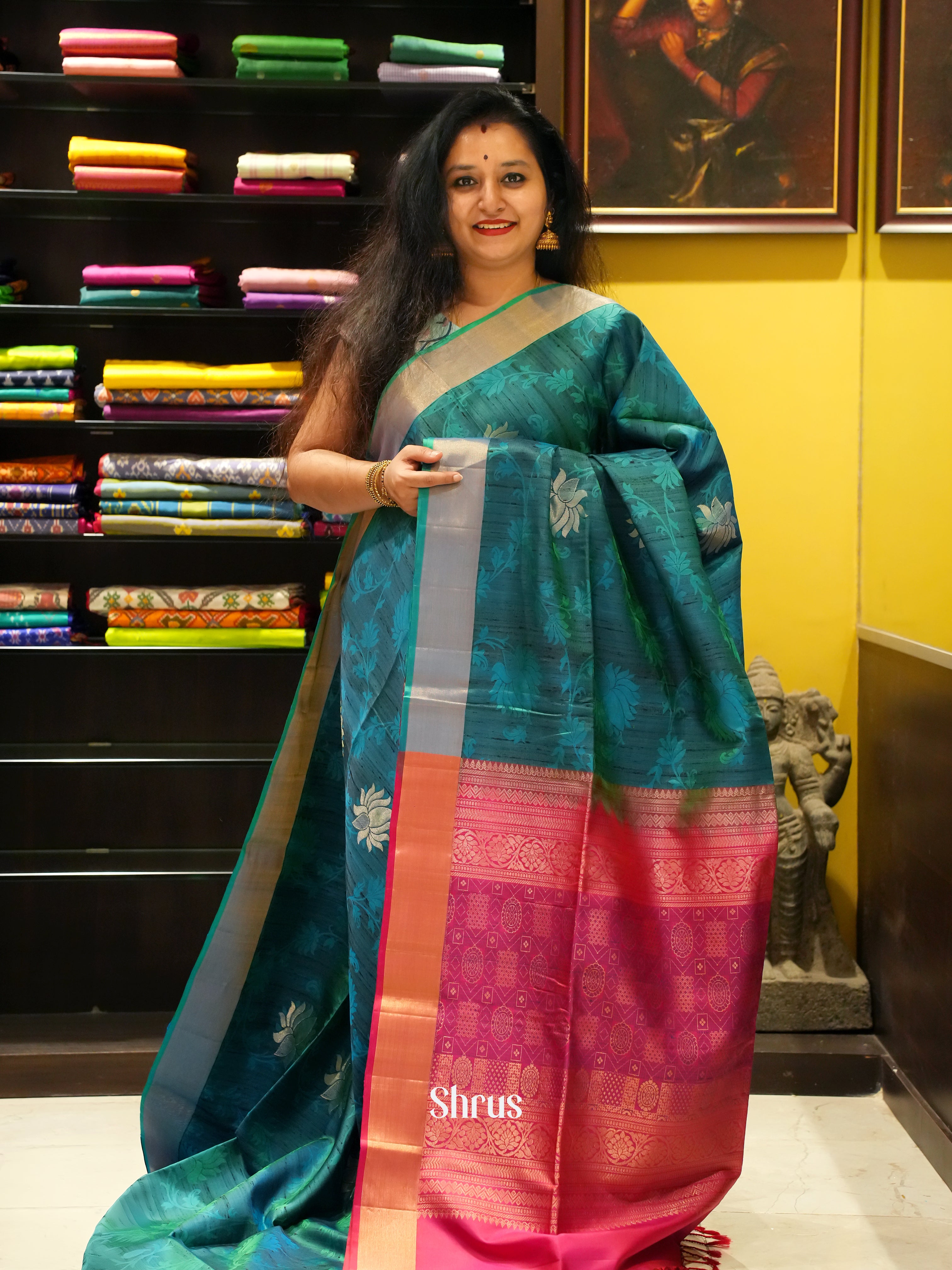 Pretty Teal Green Soft Silk Saree With Woven Floral Creepers, Motifs & Pink Brocade Pallu