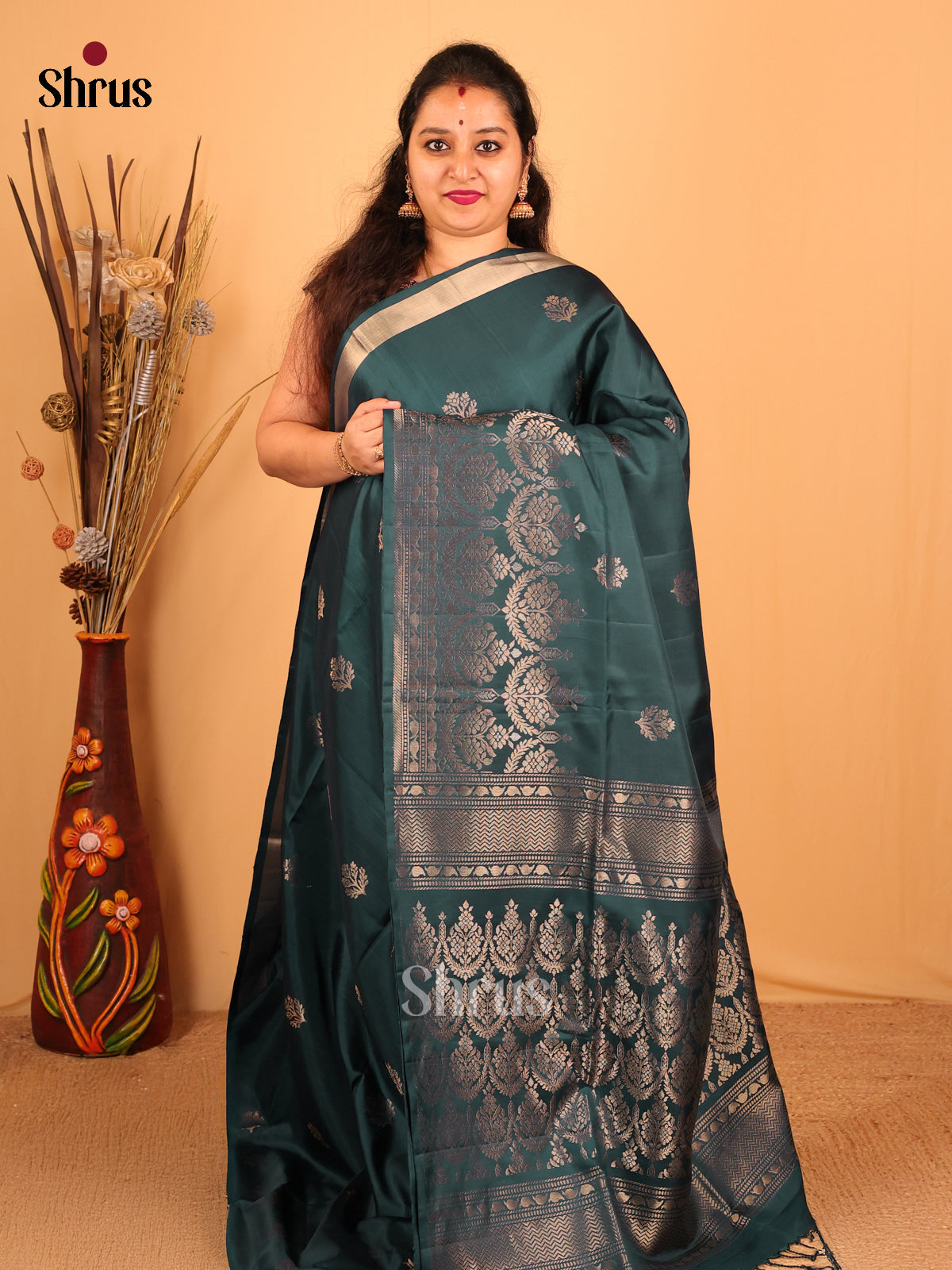 Serene Teal Green Soft Silk Saree with Delicate Floral Buttas, Zari Woven Border & Pallu