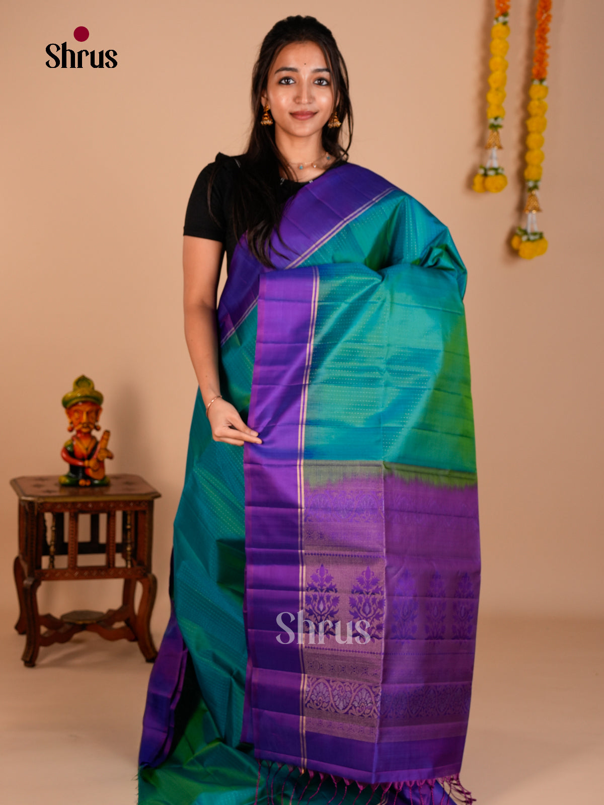 Buy Beautiful Teal Green Soft Silk Saree with Purple Border & Zari Brocade Pallu