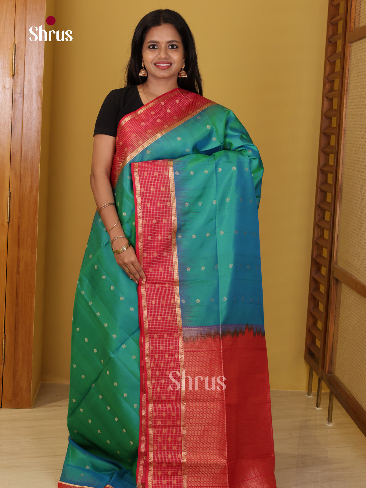 Buy Chic Teal Green Soft Silk Saree with Thousand Buttas, Pink Rettapet Border & Brocade Pallu