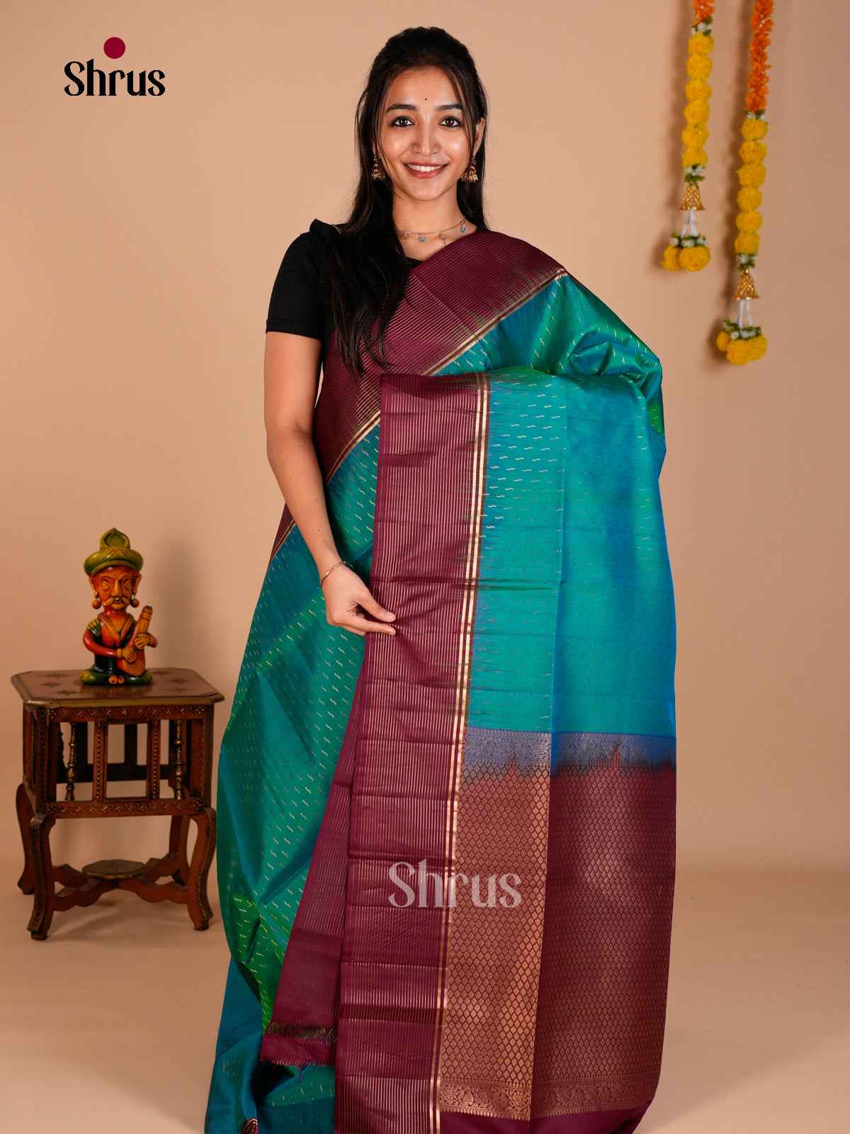 Buy Classy Teal Green Soft Silk Saree with Zari Stripes Butta & Maroon Brocade Pallu