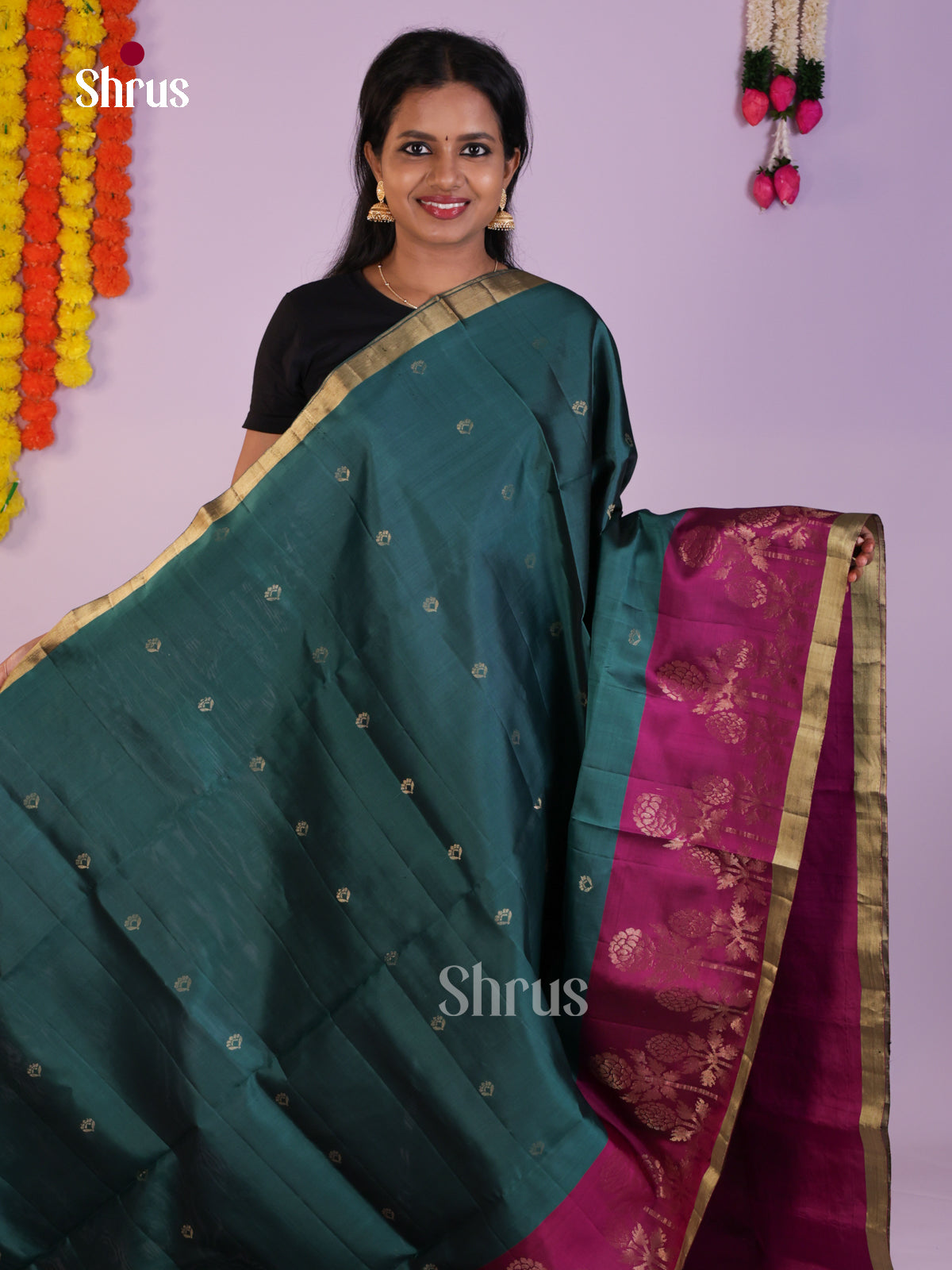 Buy Serene Teal Green Soft Silk Sarees With Zari Buttas, Purple Border & Floral Brocade Pallu