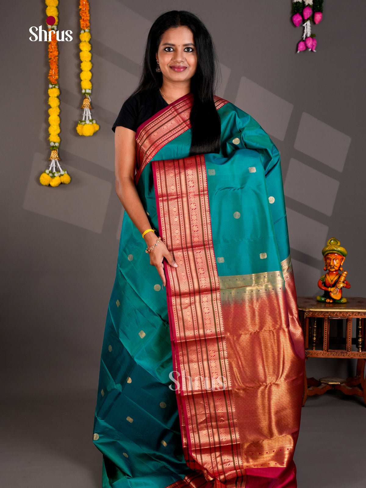 Buy Timeless Teal Kanchipuram Silk Saree With Gold Buttas, Maroon Border With Stripes & Brocade Pallu