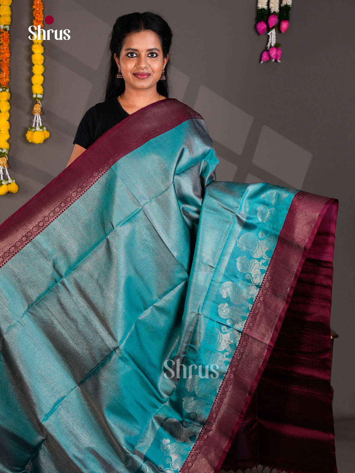 Buy Sheeny Teal Pure Soft Silk Saree With Intricately Woven Silver Wave Pattern, Wine Border & Pallu