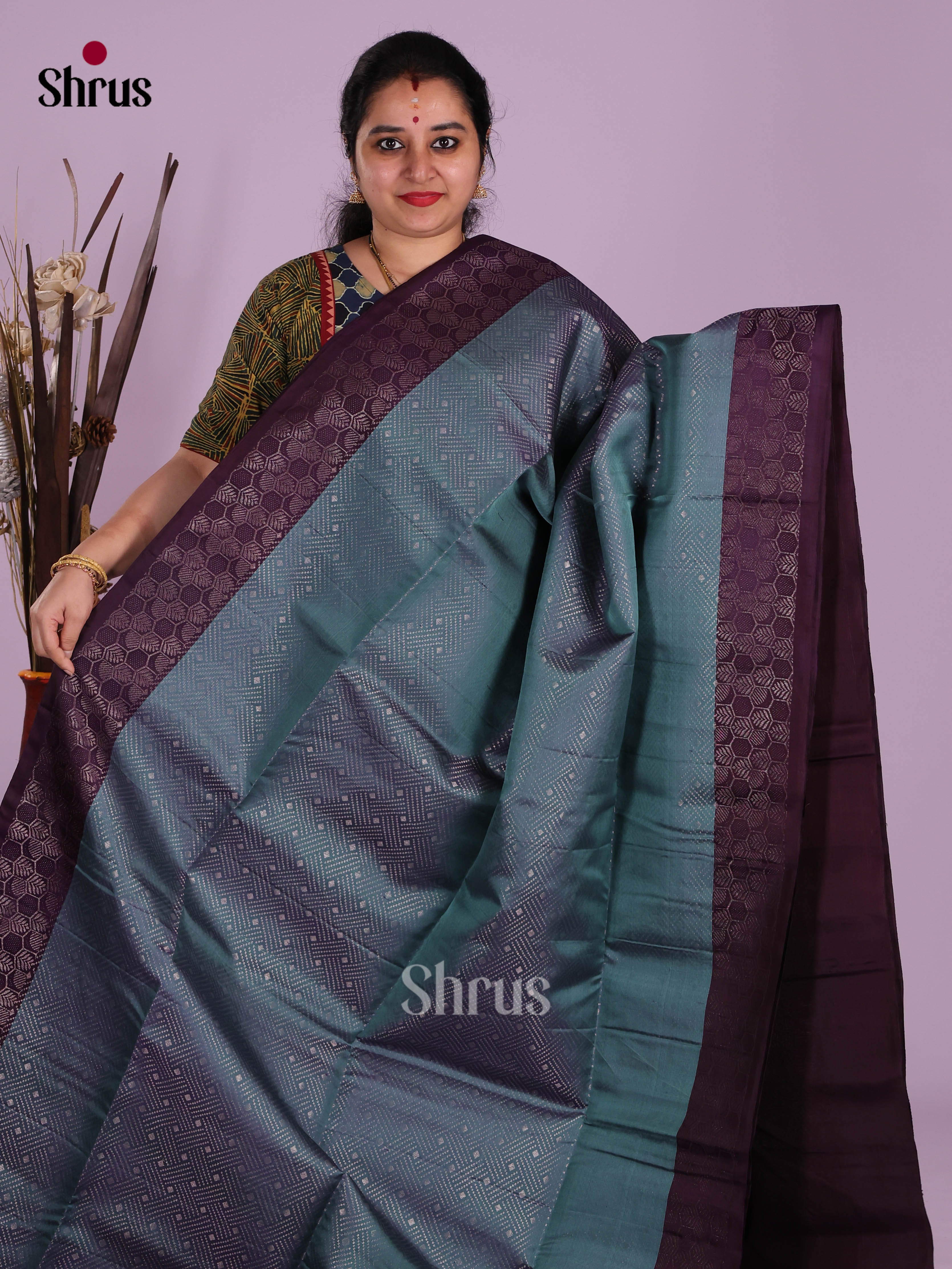 Buy Regal Teal Pure Soft Silk Saree With Intricately Woven Zari Geometric Patterns, Wine Border & Pallu