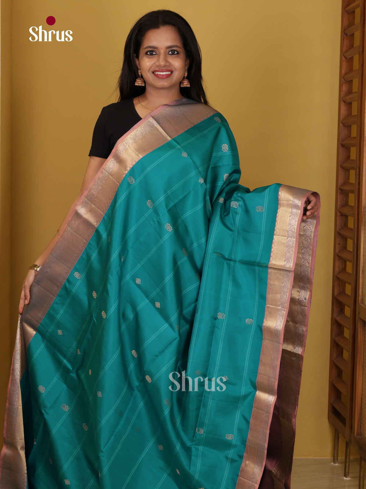 Buy Classy Teal Pure Soft Silk Saree With Stripes, Buttas, Rose Gold Zari Woven Border & Brocade Pallu