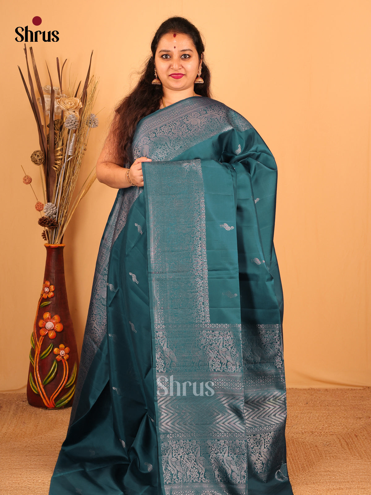 Azure Teal Soft Silk Saree With Silver Zari Bird Buttas & Brocade Pallu