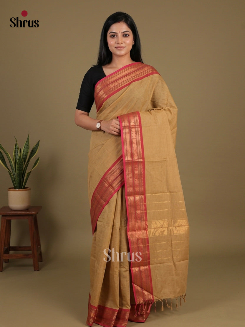 Timeless Beige Chettinad Cotton Saree With Plain Body & Pink Border With Zari Border