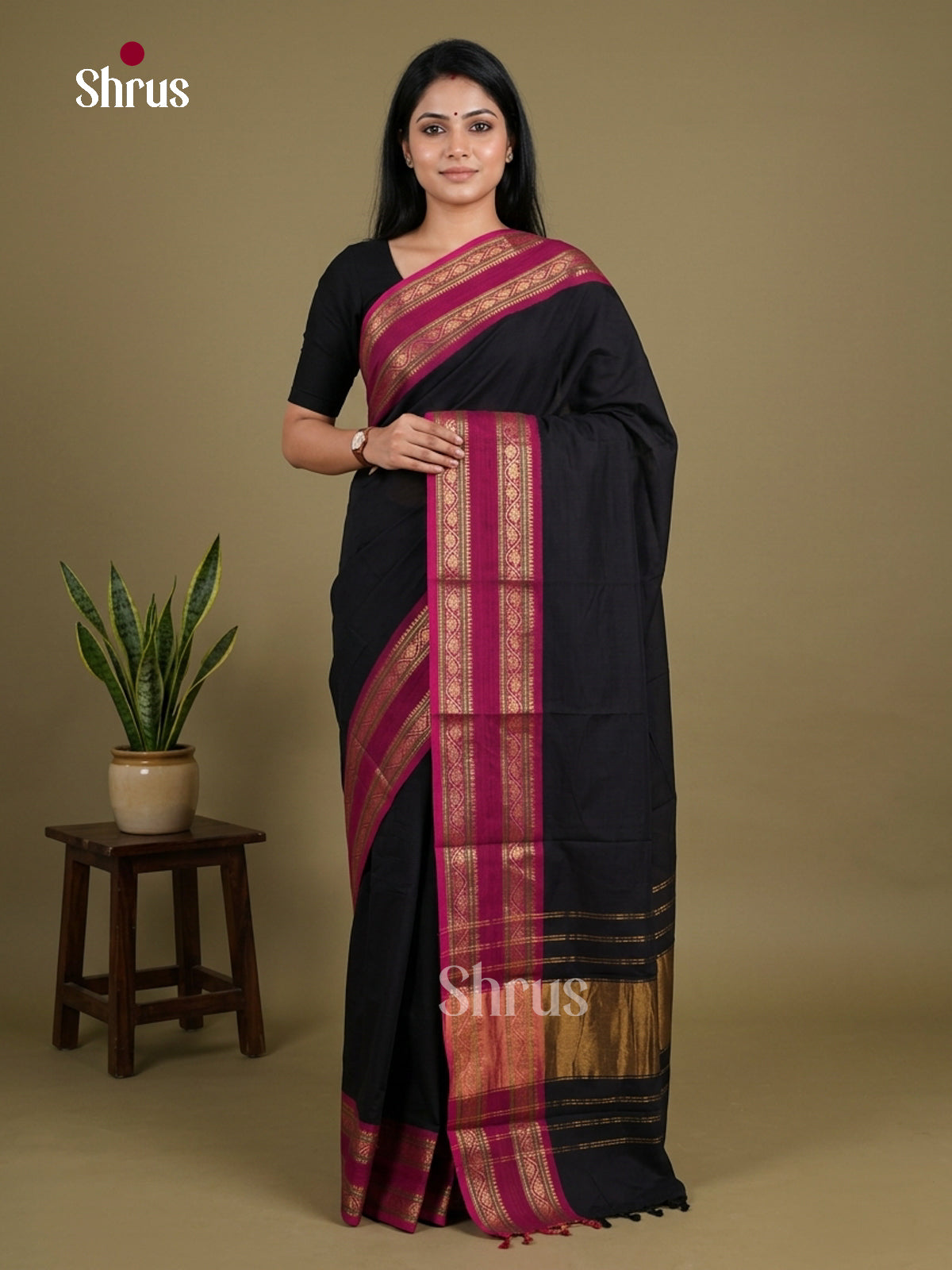 Timeless Black Chettinad Cotton Saree With Plain Body & Magenta Rettapet Zari Border