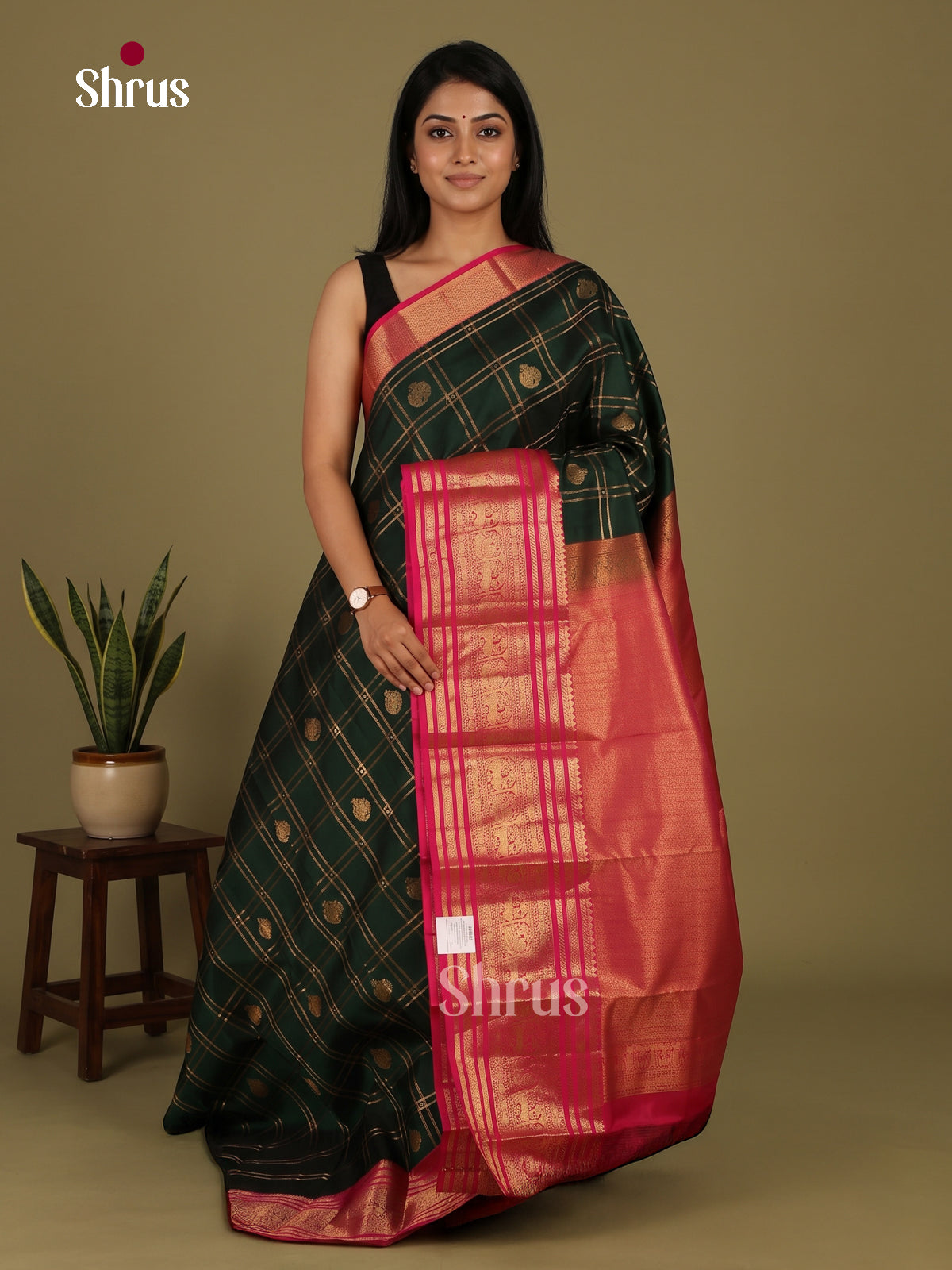 Timeless Dark Green Kanchipuram Saree with Zari Checks, Floral Buttas & Red Broad Border