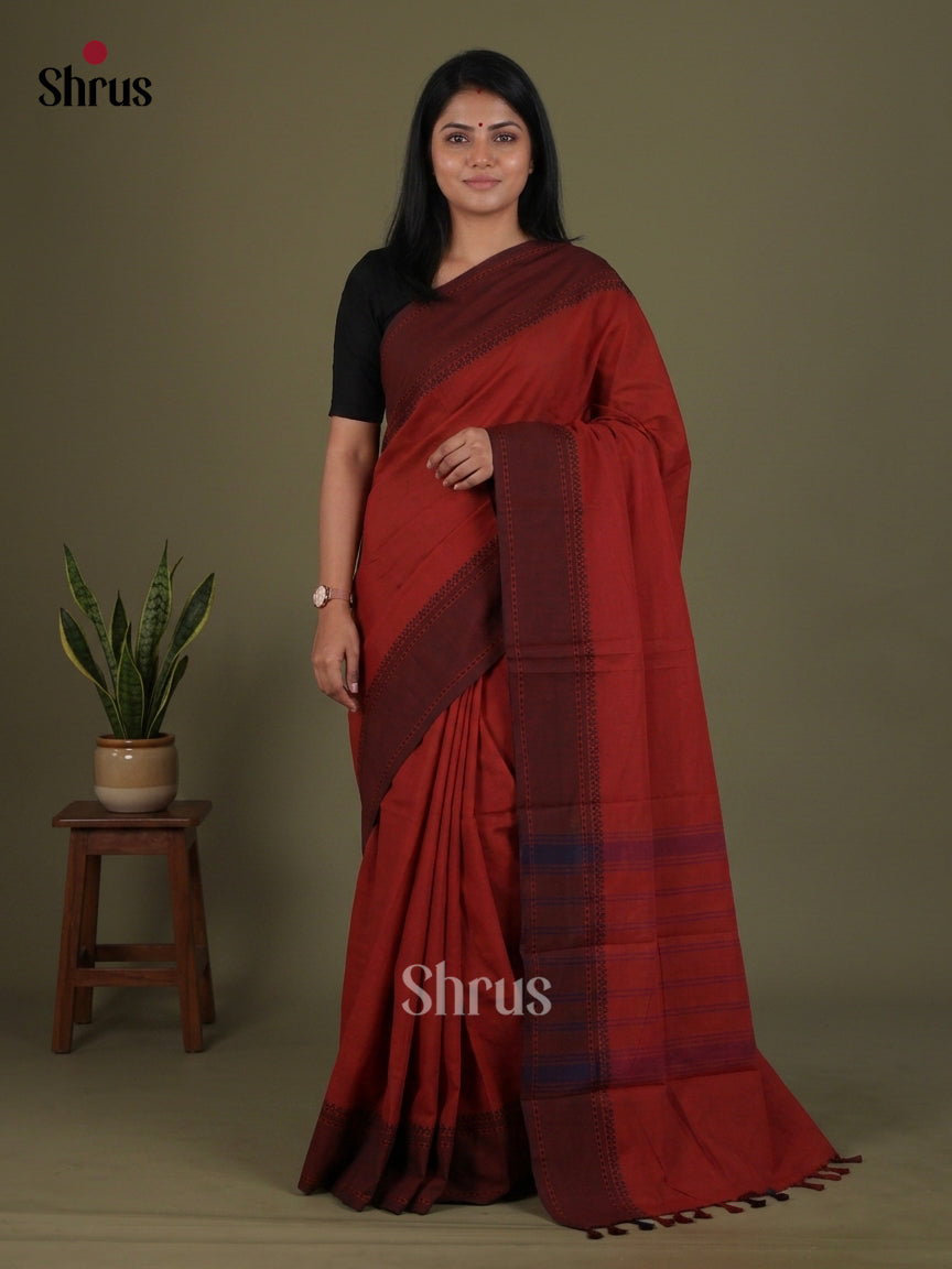 Timeless Dark Red Chettinad Cotton Saree With Plain Body, Maroon Rettapet Border & Chit pallu
