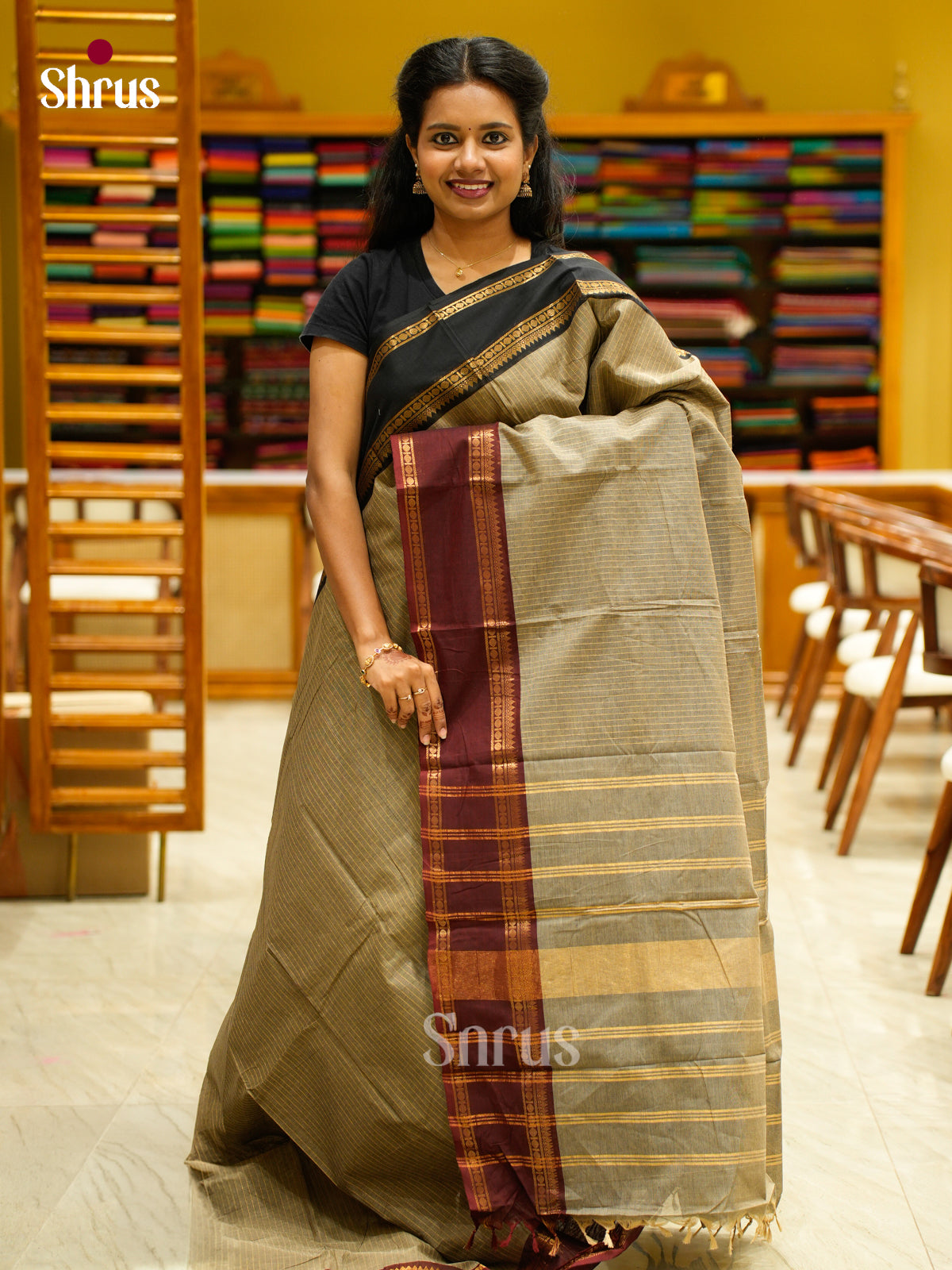 Timeless Grey Chettinad Cotton Saree With Stripes, Ganga Jamuna Rettapet Zari Border & Pallu