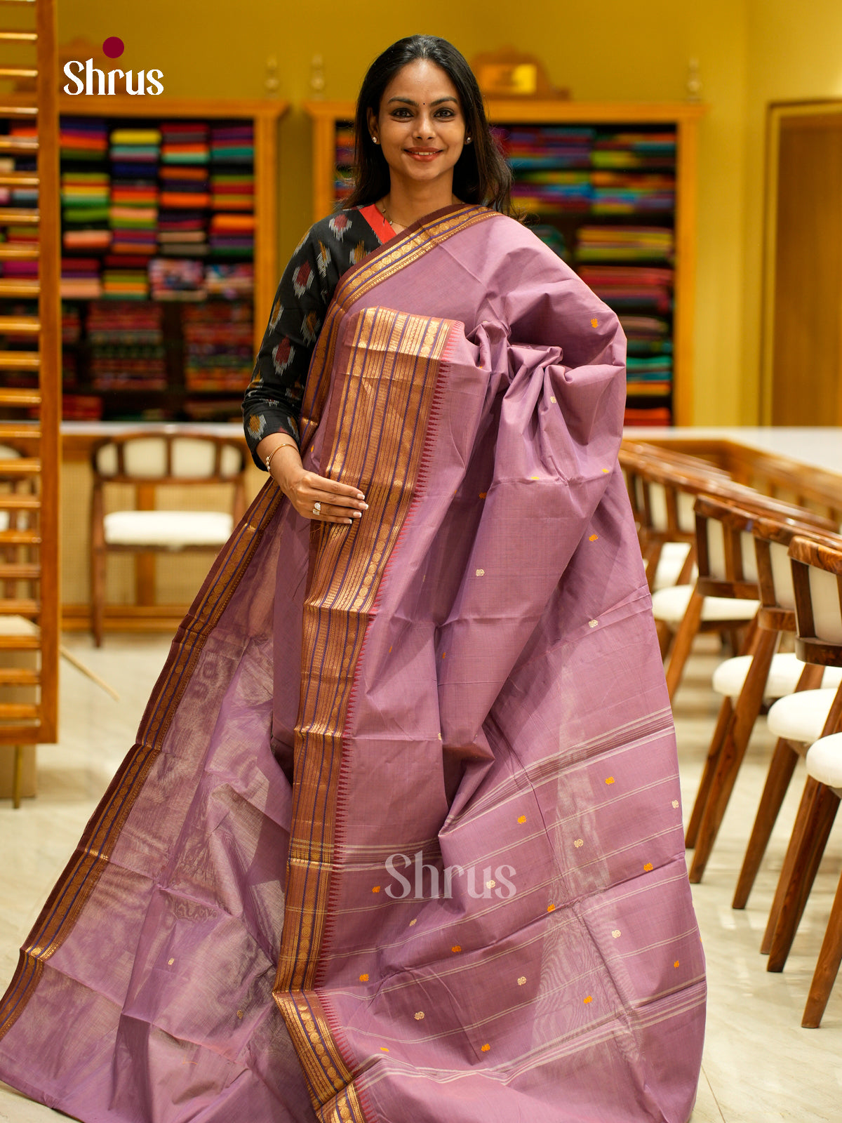 Timeless Lavender Chettinad Cotton Saree with Thread Buttas & Brown Temple Zari Border