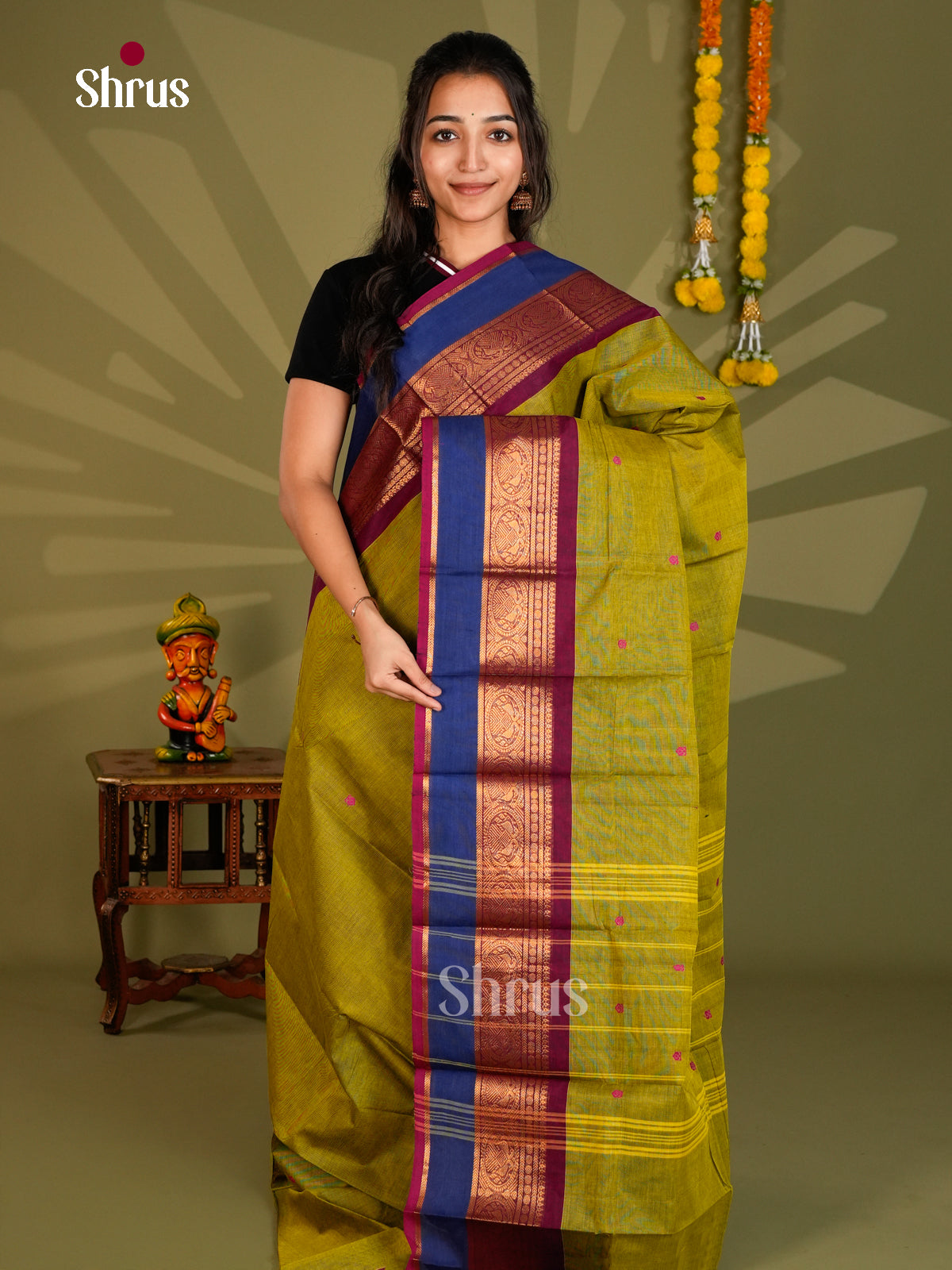 Timeless Olive Green Chettinad Cotton Saree With Pink Buttas & Broad Zari Border