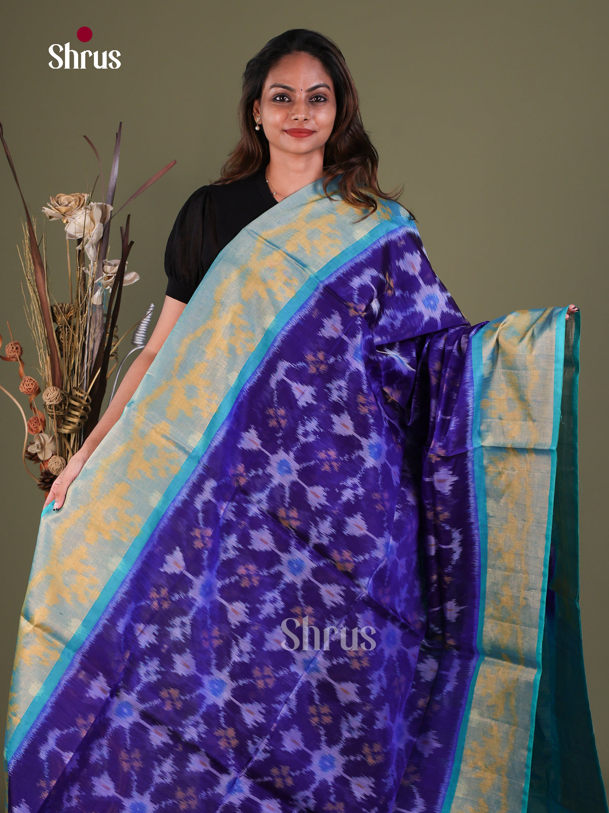 Timeless Persian Blue Pochampally Cotton Silk Saree With Floral Prints & Cyan Kaddi Border
