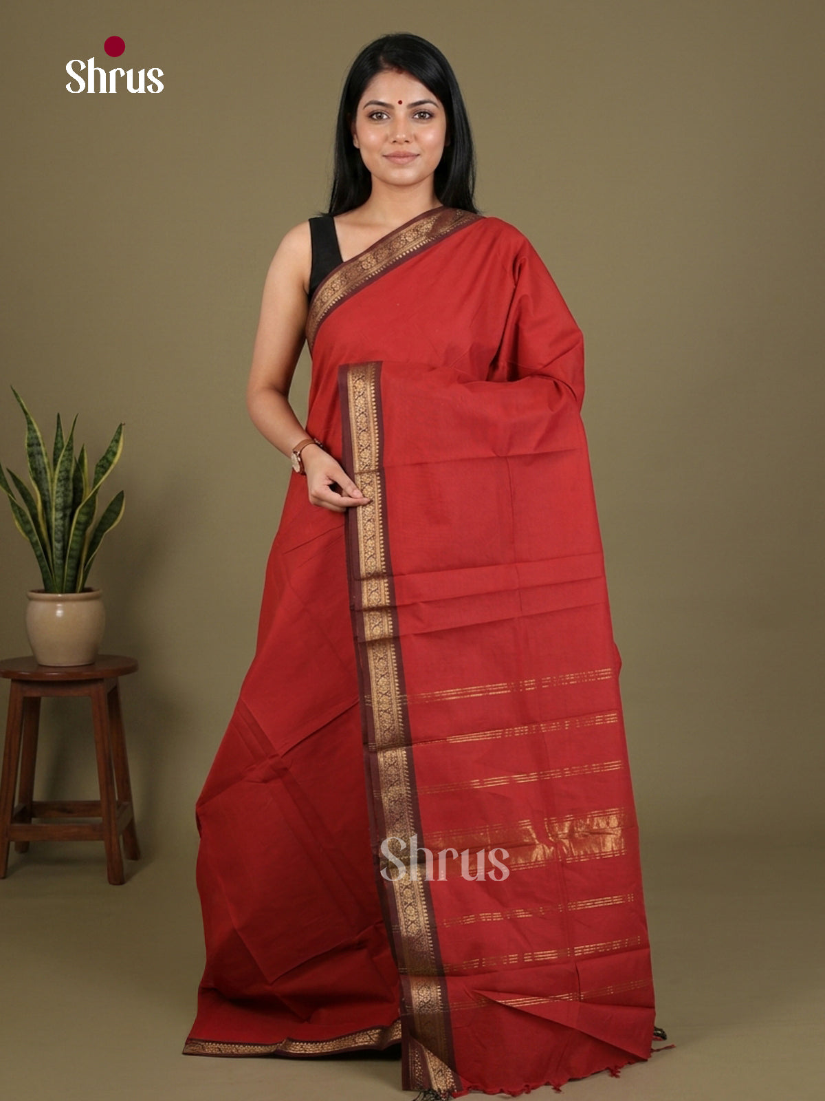Timeless Red Chettinad Cotton Saree With Small Dark Maroon Zari Border & Pallu