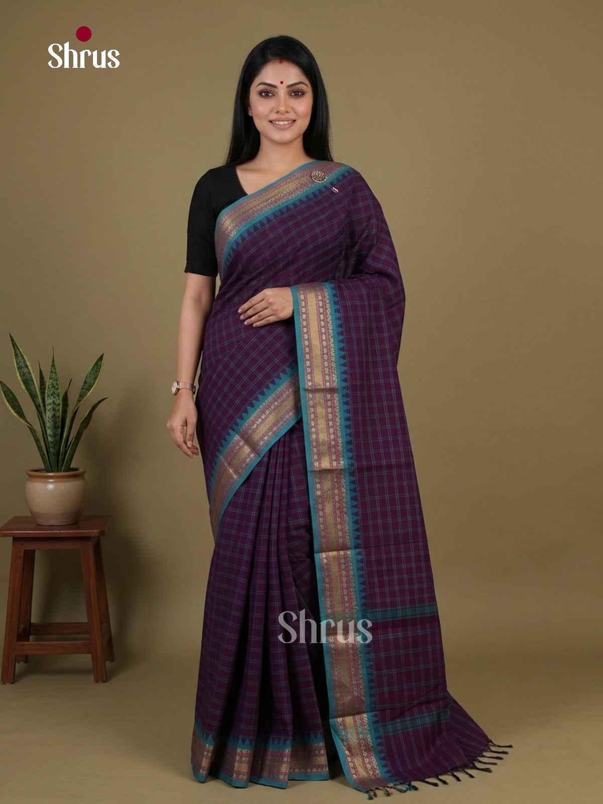 Timeless Wine Chettinad Cotton Saree With Checks & Turquoise Temple Zari Border