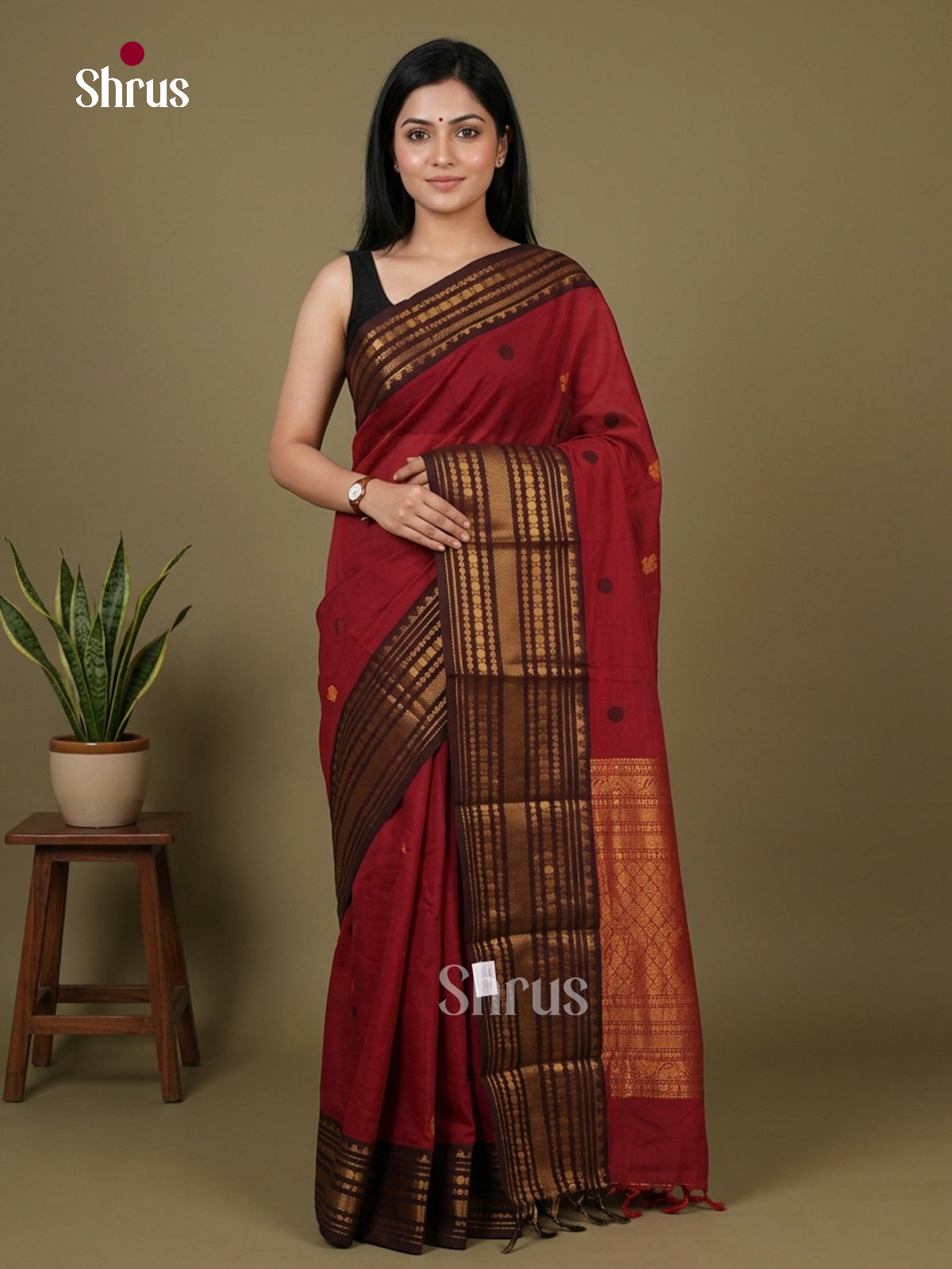 Traditional Deep Red Chettinad Cotton Saree With Thread Checks & Brown Zari Border