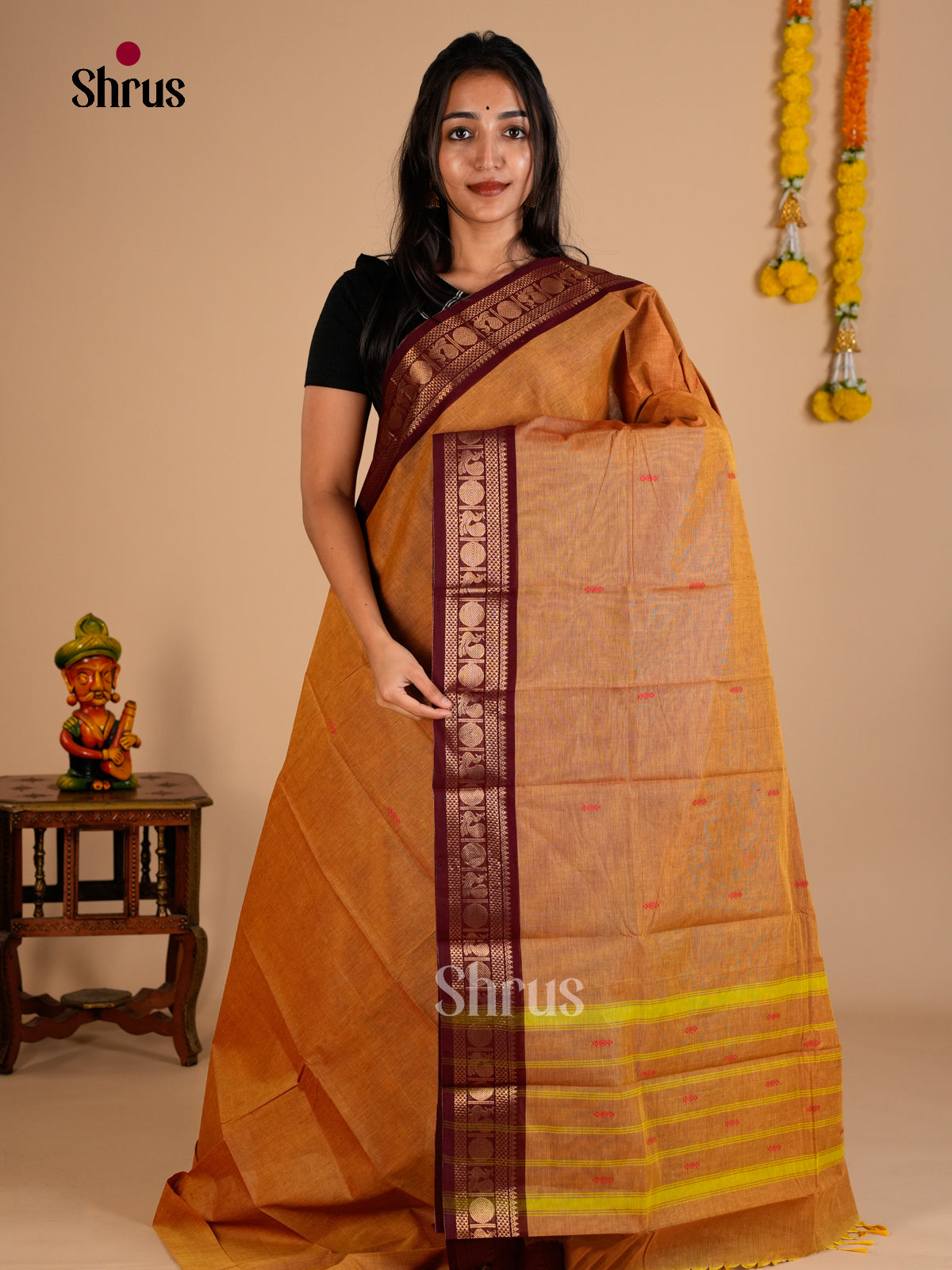 Traditional Honey Mustard Chettinad Cotton Saree With Thread Buttas & Deep Maroon Zari Border
