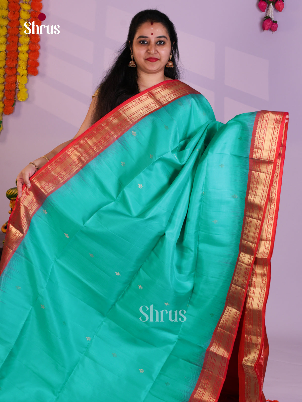 Buy Classy Turquoise Blue Pure Soft Silk Saree with Small Buttas, Red Zari Woven Border & Pallu