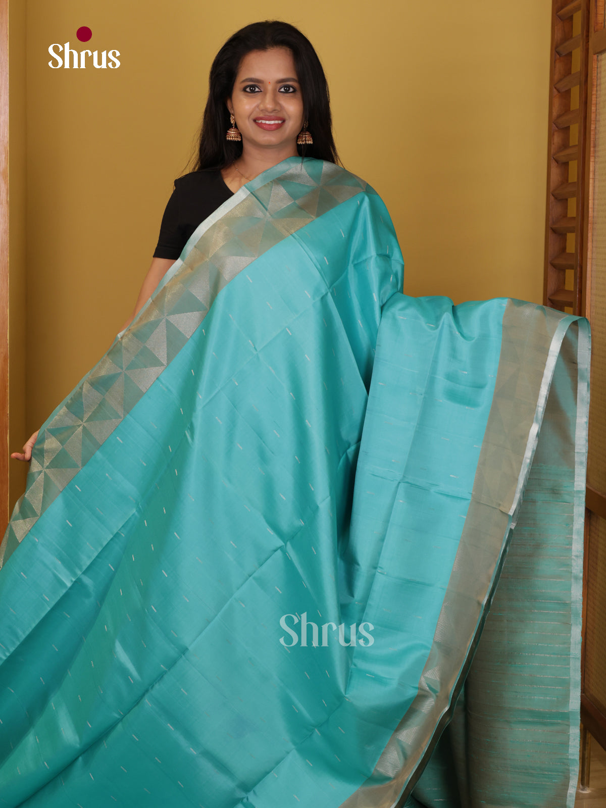 Buy Pretty Turquoise Pure Soft Silk Saree With Dashed Buttas, Grey Border & Pallu With Geometric Prism Pattern