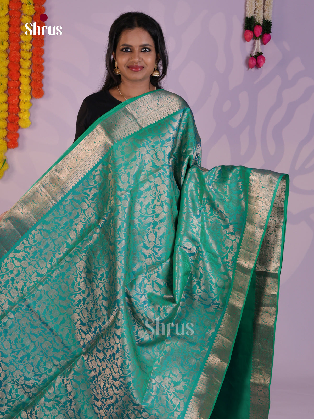 Buy Shimmery Turquoise Soft Silk Sarees with Vanashingaram Floral Brocade & Rich Pallu