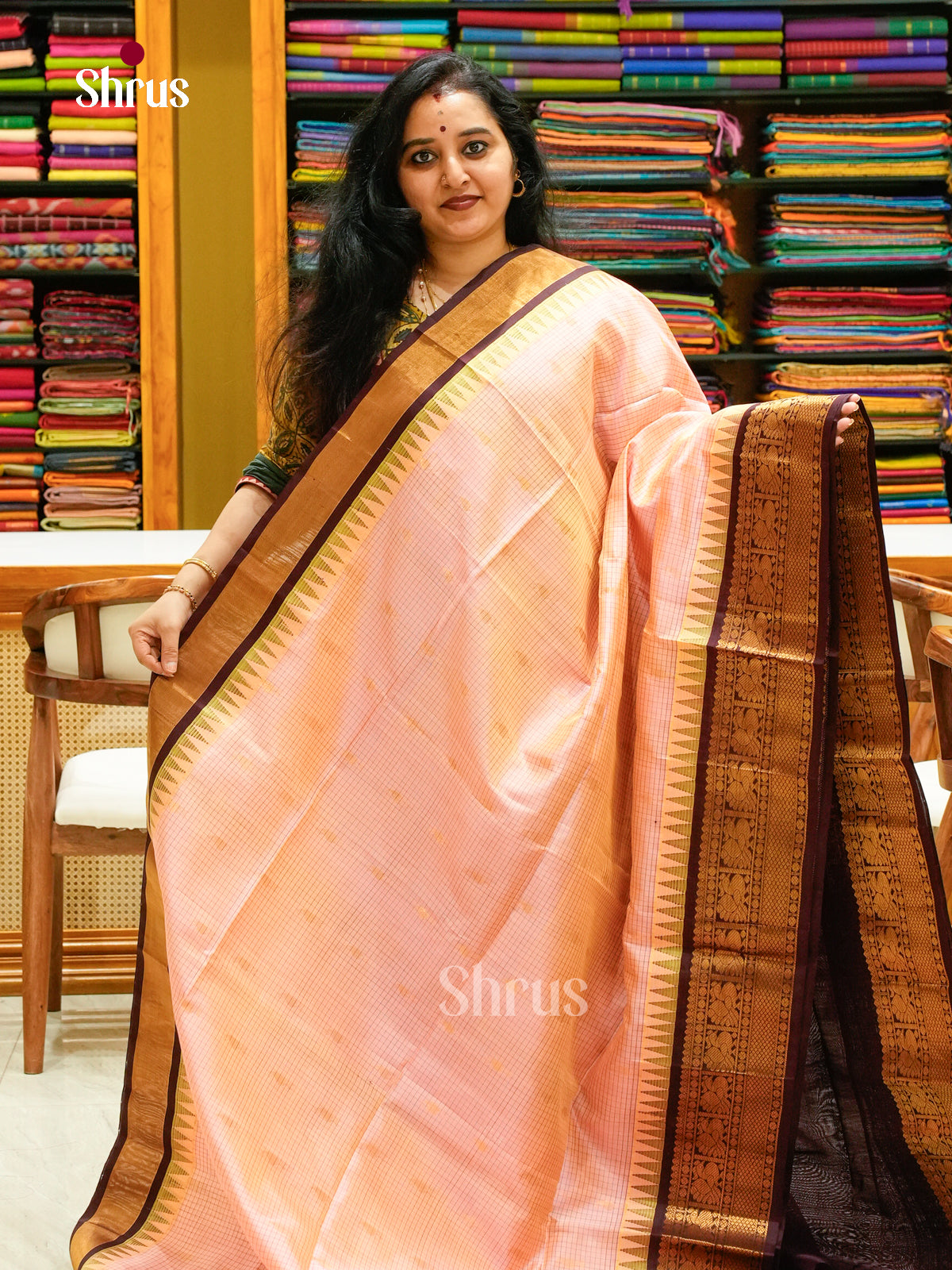 Understated Beige Pure Soft Silk Saree with Peacock Buttas | Wine Contrast Border