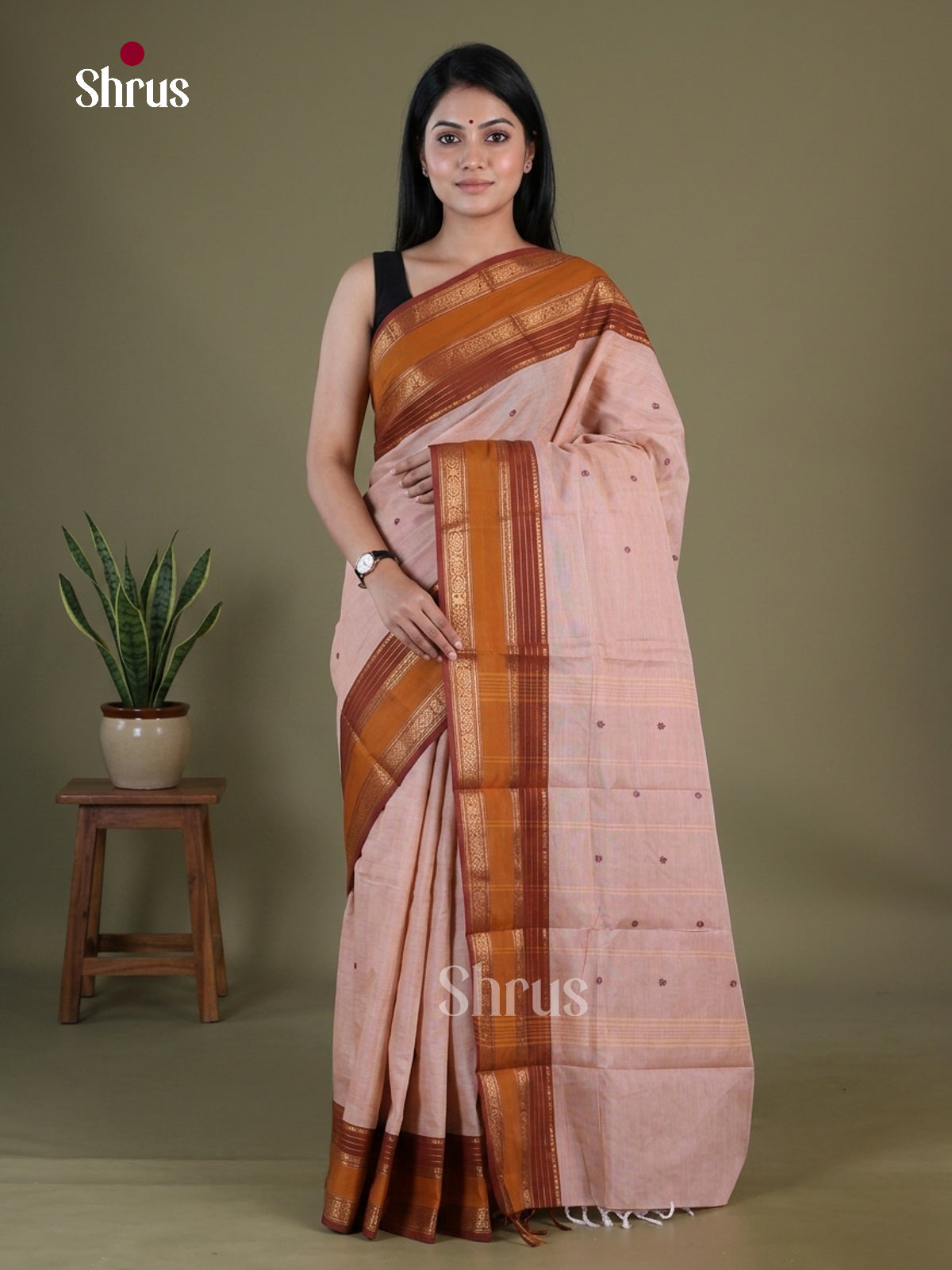 Unique Beige Chettinad Cotton Saree With Floral Buttas & Brown Rettapet Zari Border
