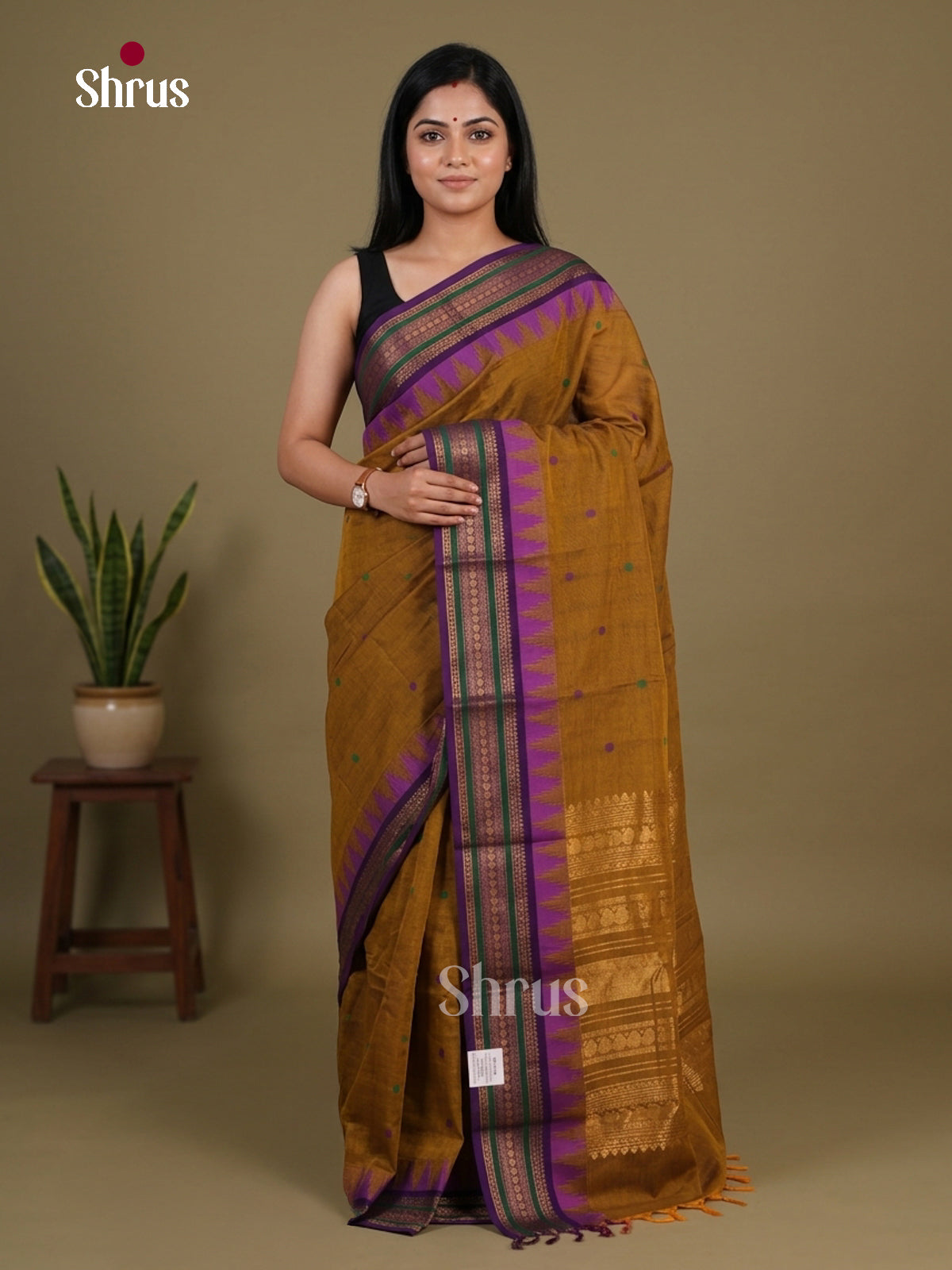 Unique Dark Mustard Chettinad Cotton Saree With Thread Buttas & Violet Temple Zari Border