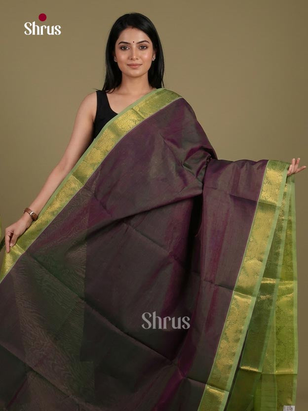 Unique Dual Tone Plum Cotton Silk Saree with Plain Body, Lime Green Zari Border & Traditional Chit Pallu 1