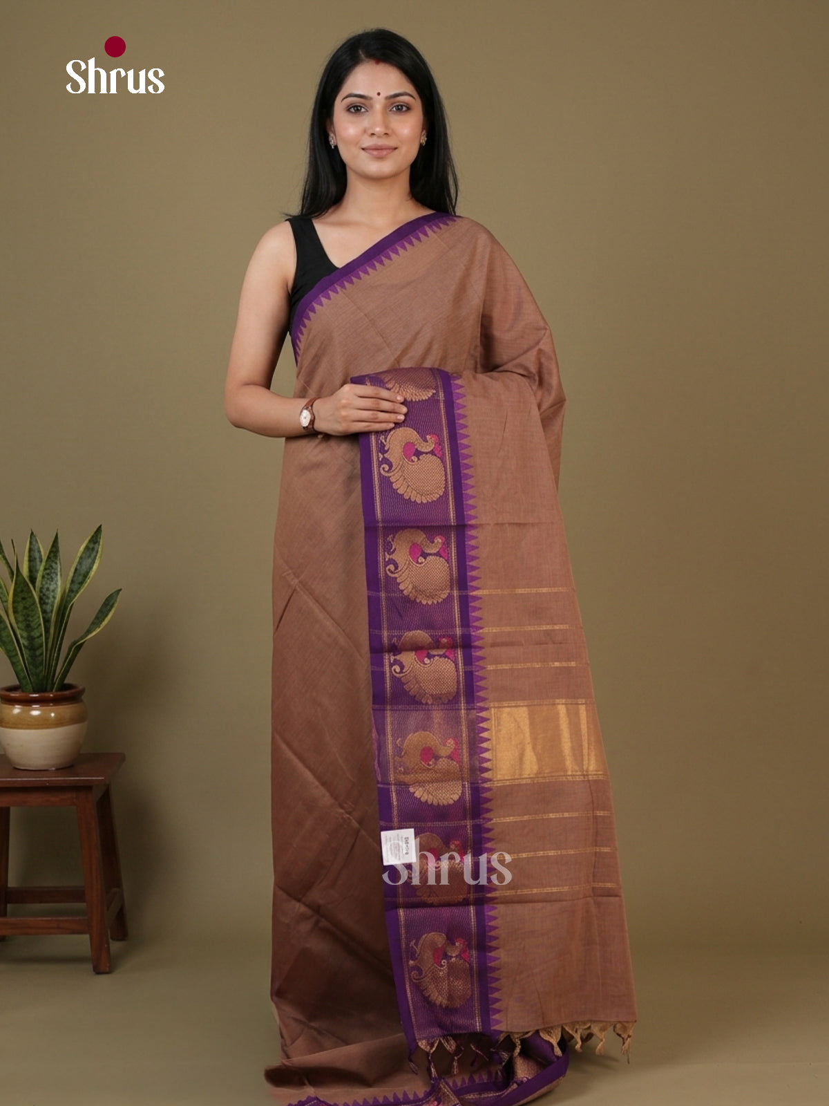 Unique Fawn Chettinad Cotton Saree With Plain Body,Violet Temple Zari Border & Chit Pallu