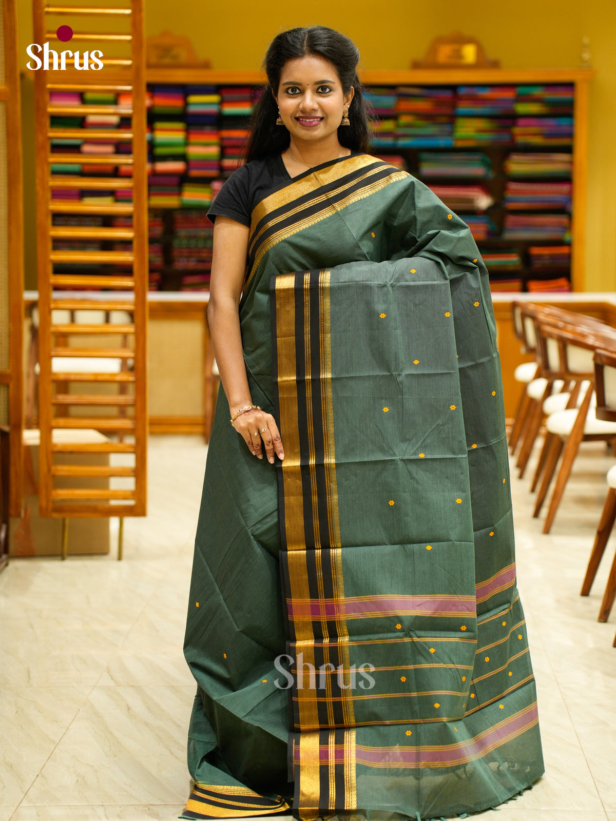 Unique Greyish Green Chettinad Cotton Saree With Thread Buttas & Black Zari Border
