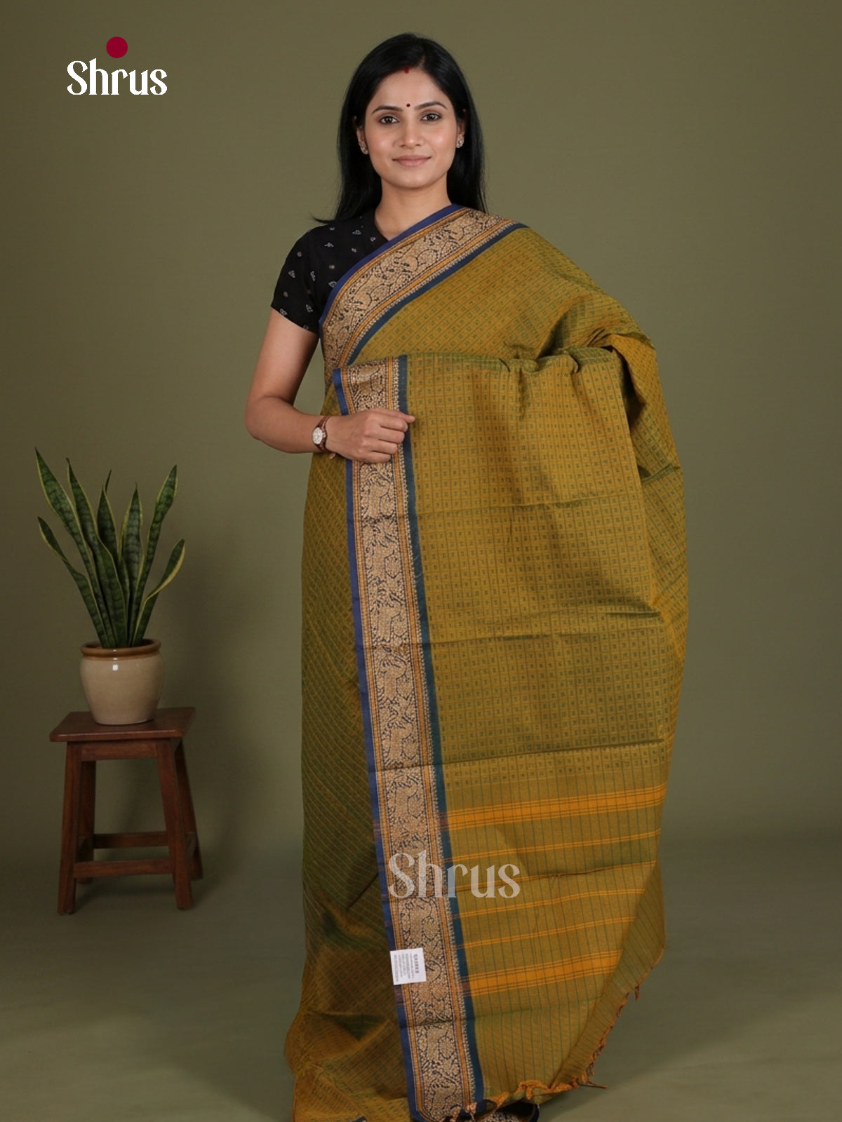 Unique Mustard Green Chettinad Cotton Saree With Thread Checks, Buttas & Blue Zari Border
