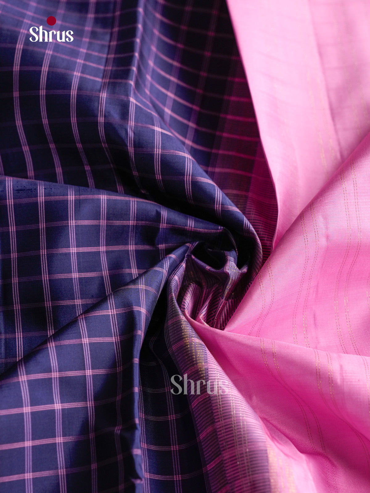 Unique Navy Blue Pattu Saree With Thread Woven Checks | Light Pink Border With Zari Bands