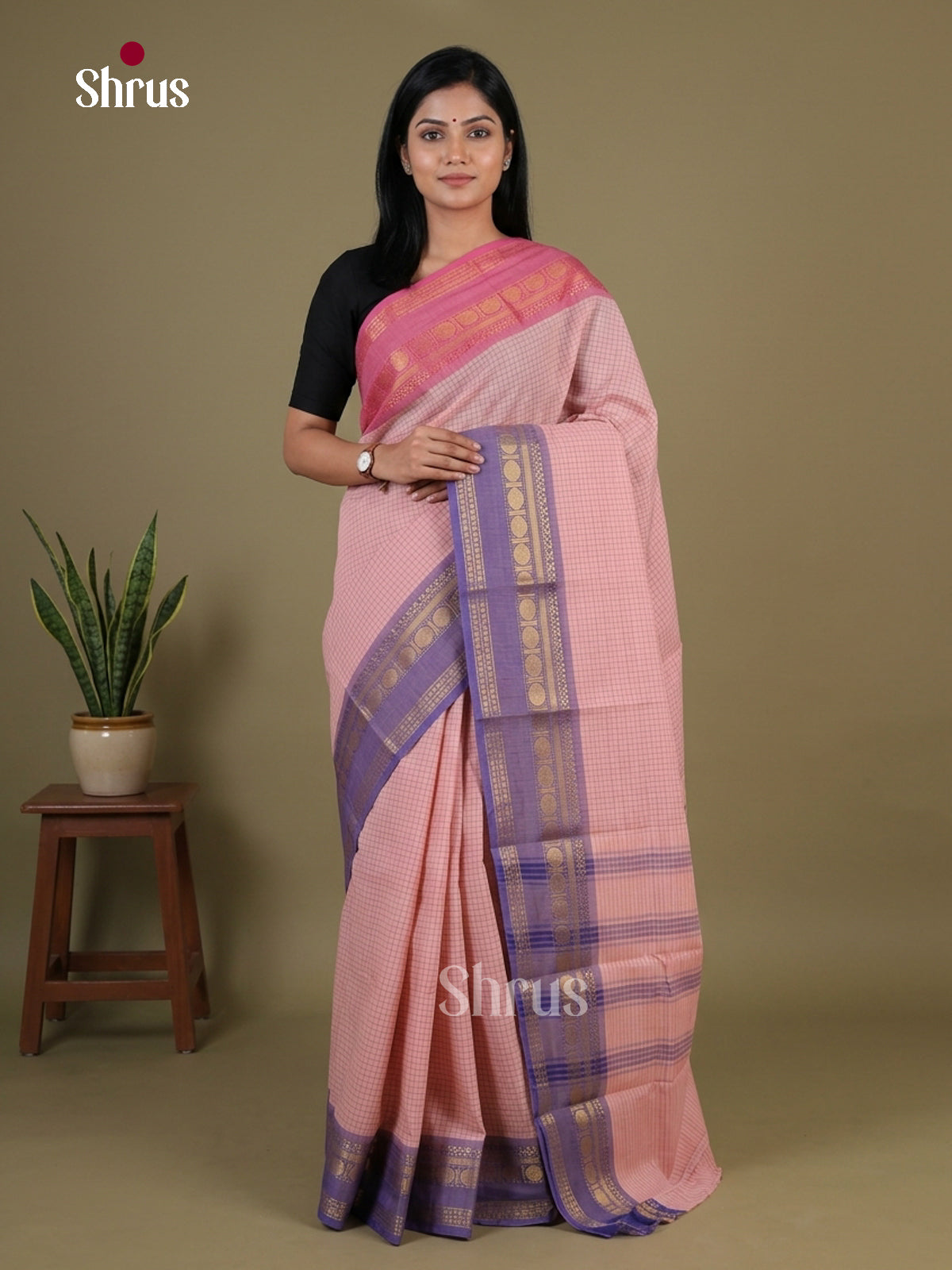 Unique Pastel Pink Chettinad Cotton Saree With Checks & Ganga Jamuna Rettapet Zari Border