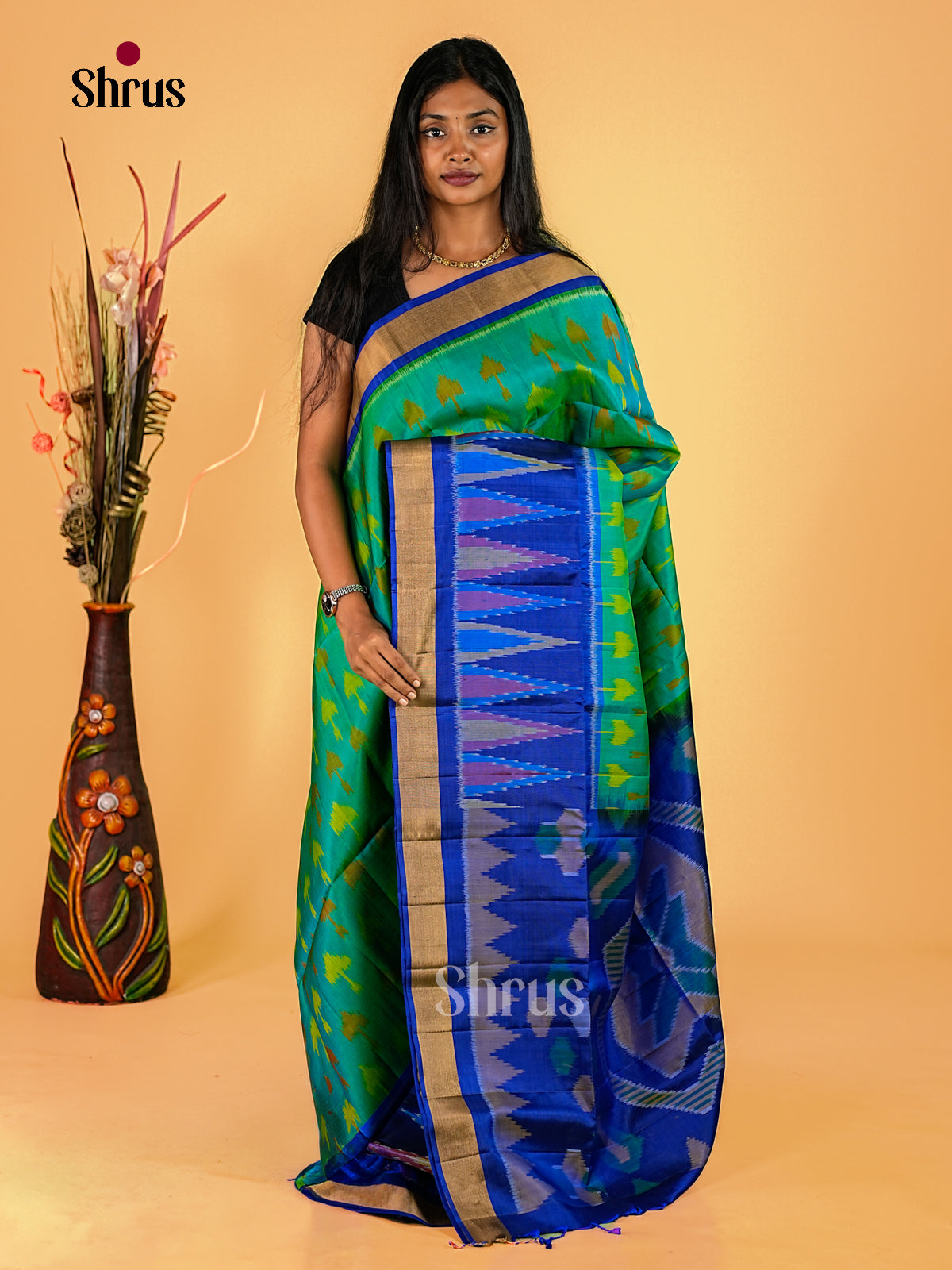 Unique Sea Green Soft Silk Sarees With Yellow Ikkat Motifs & Royal Blue Kaddi Border With Temple Details
