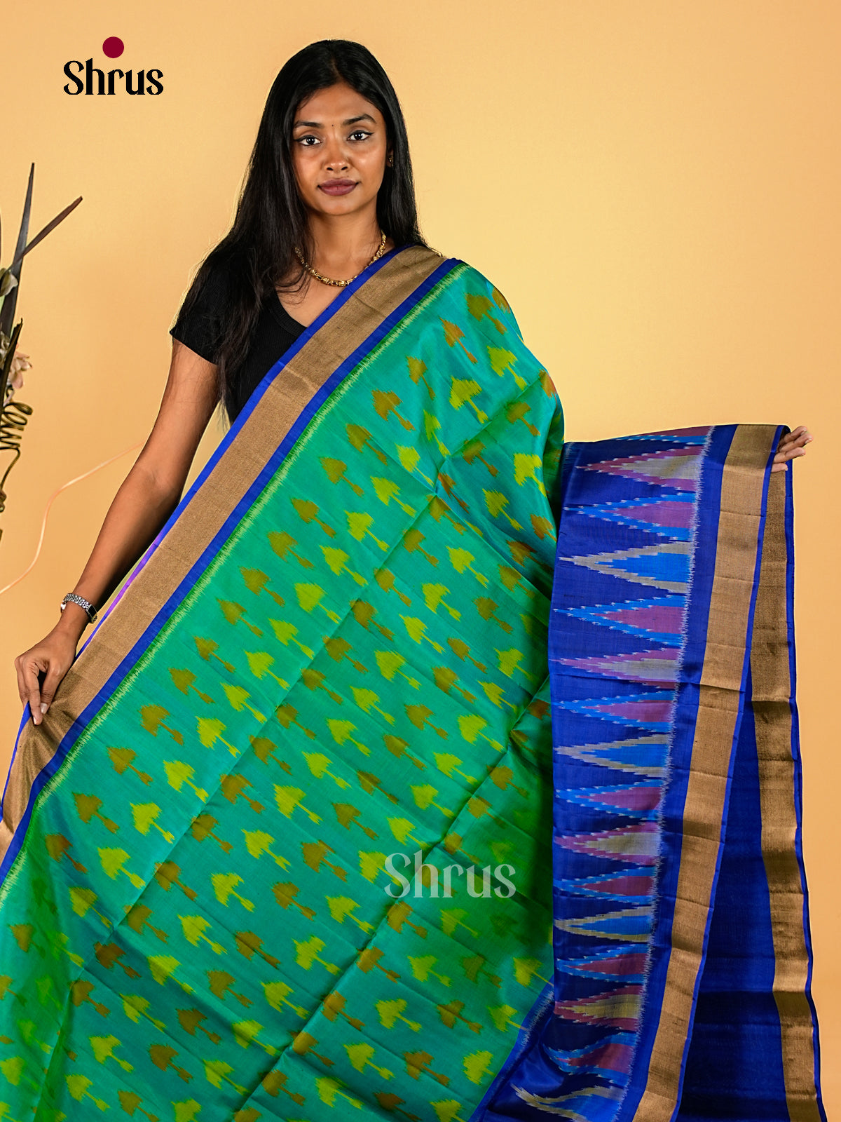 Unique Sea Green Soft Silk Sarees With Yellow Ikkat Motifs & Royal Blue Kaddi Border With Temple Details 1