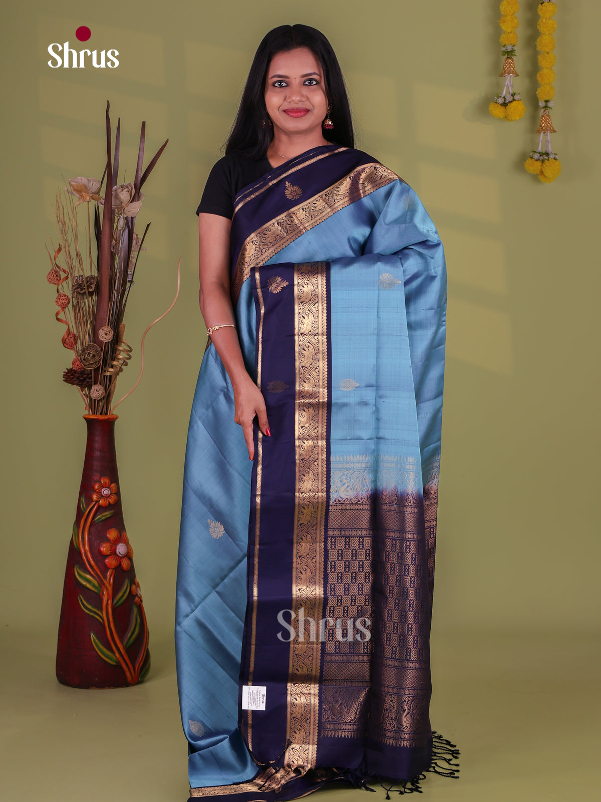 Unique Sky Blue Soft Silk Sarees With Floral Motifs, Navy Blue Rettaipet Zari Border & Brocade Pallu