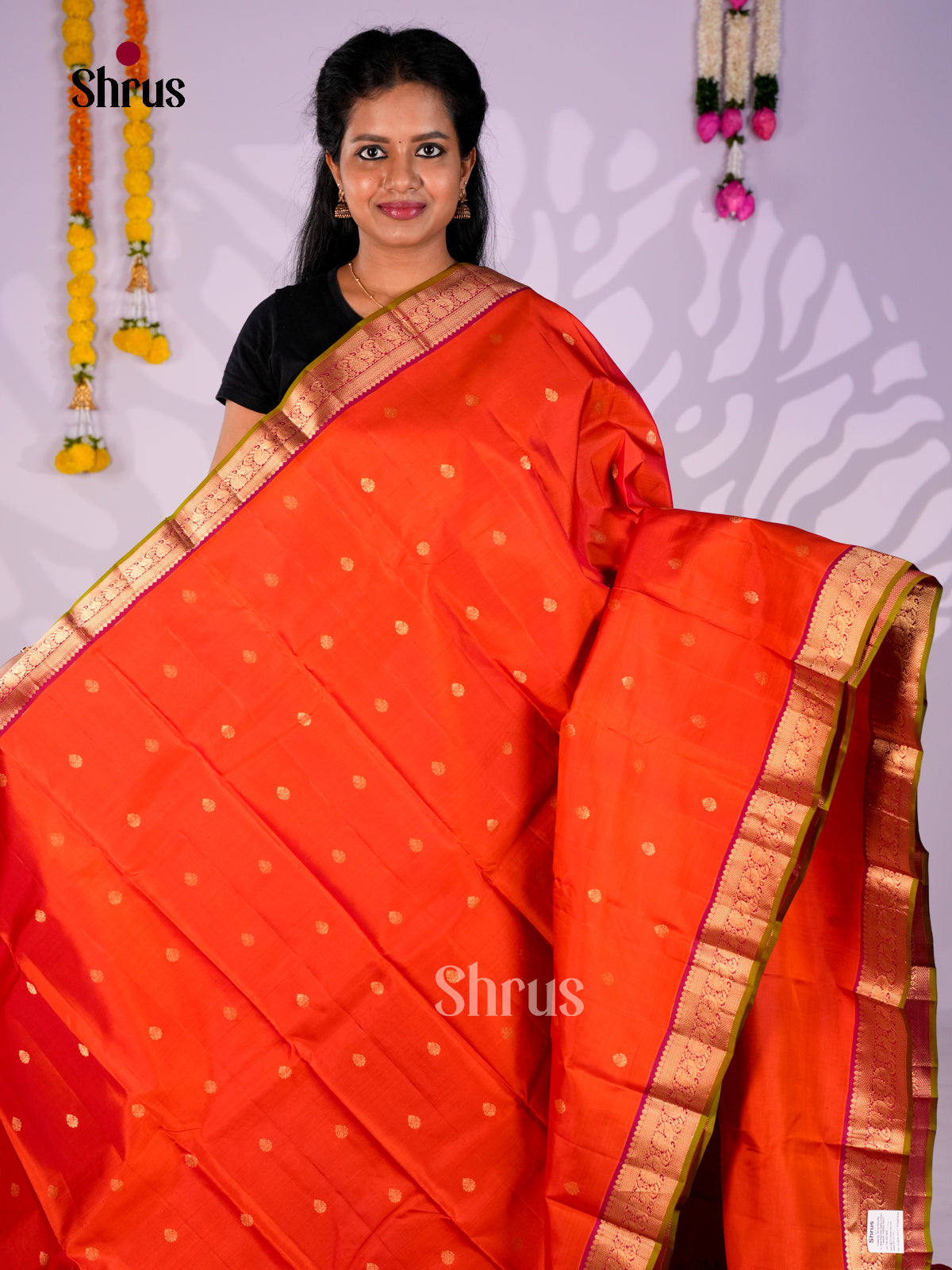 Buy Vivid Vermillion Orange Kanchipuram Saree with Golden Buttas, Magenta Border & Brocade Pallu